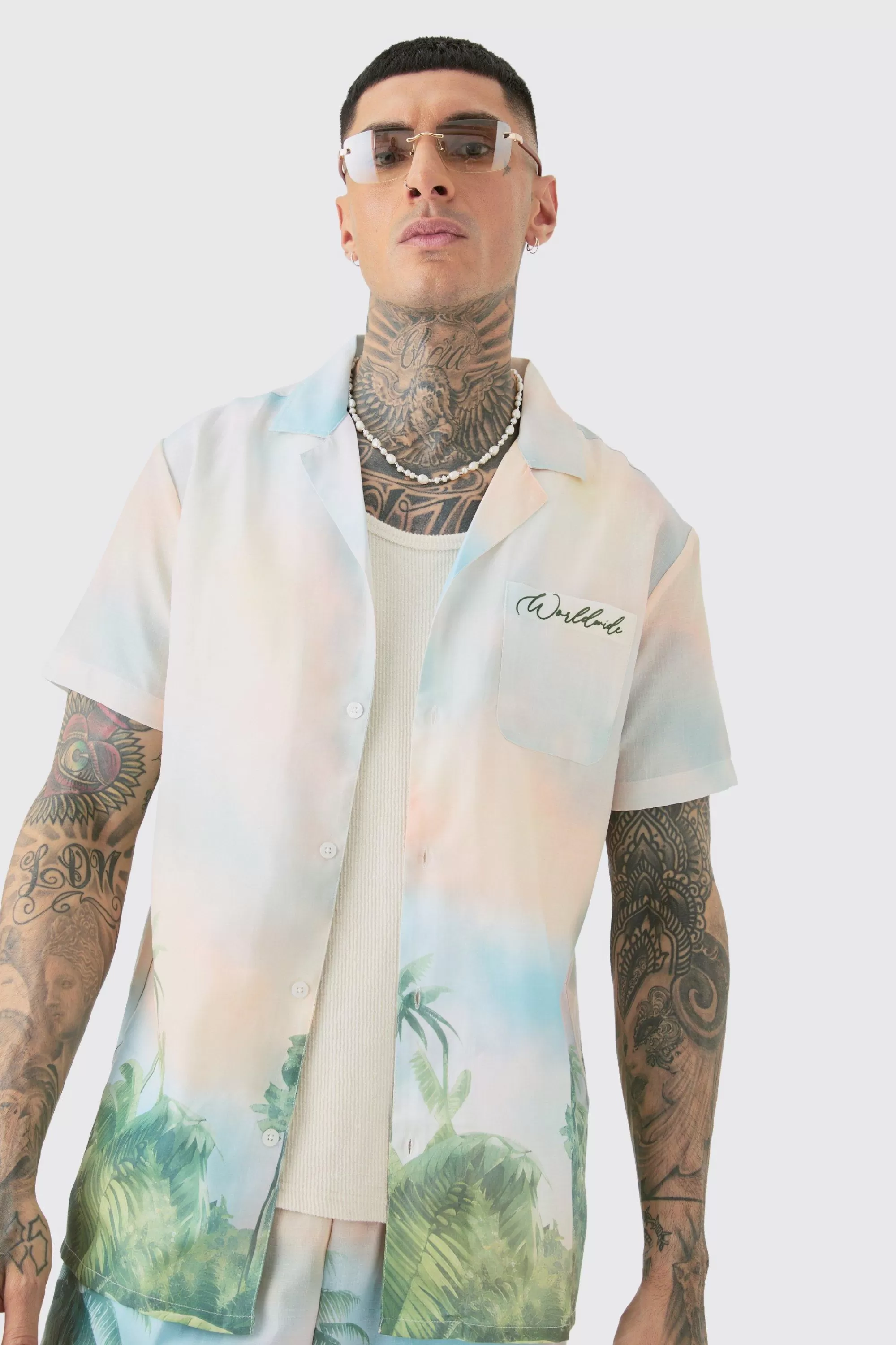 boohooMAN Tall Linen Look Watercolour Landscape Shirt & Short Set | UK