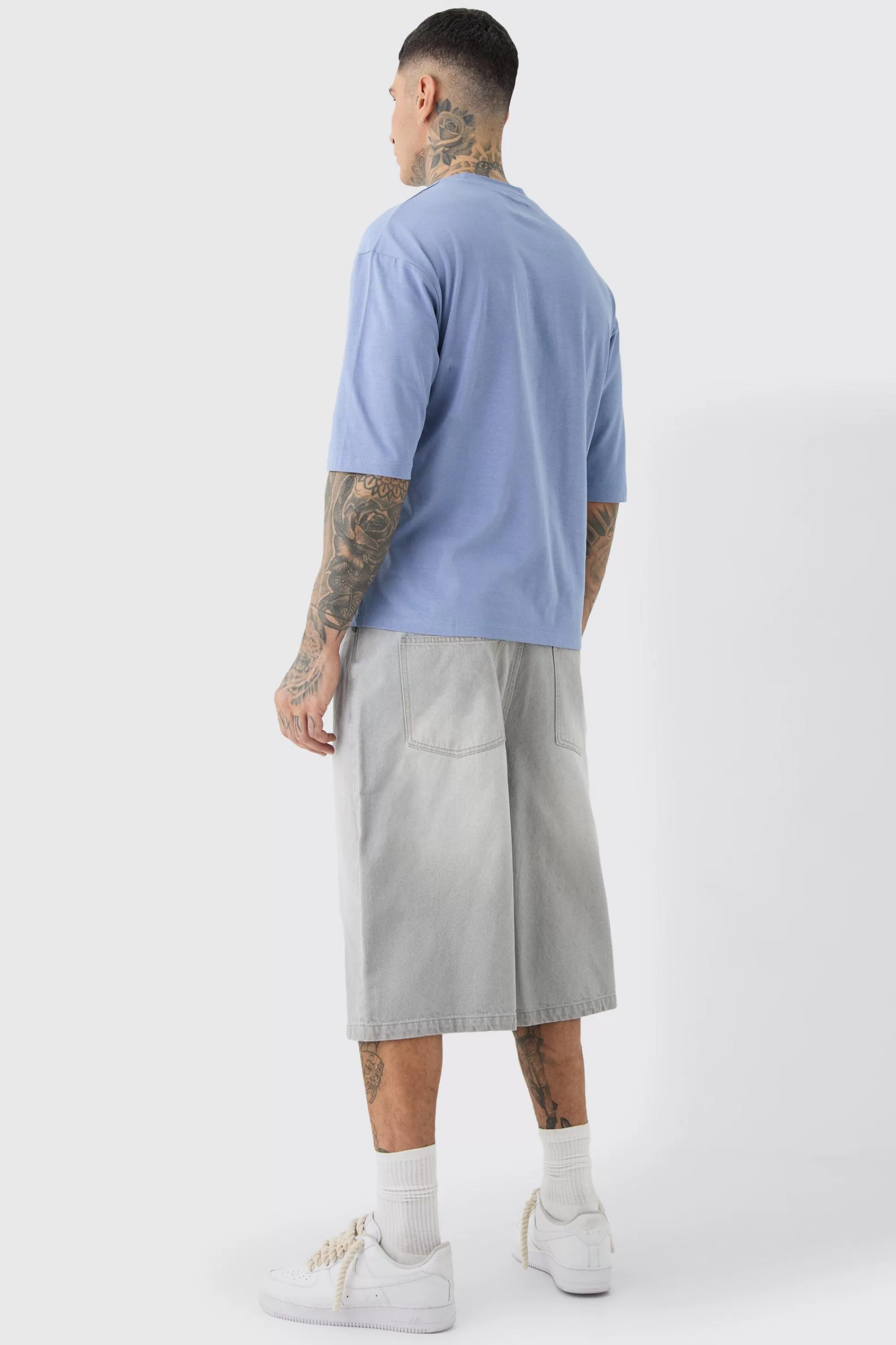 boohooMAN Tall Long Line Denim Jorts In Wash | UK