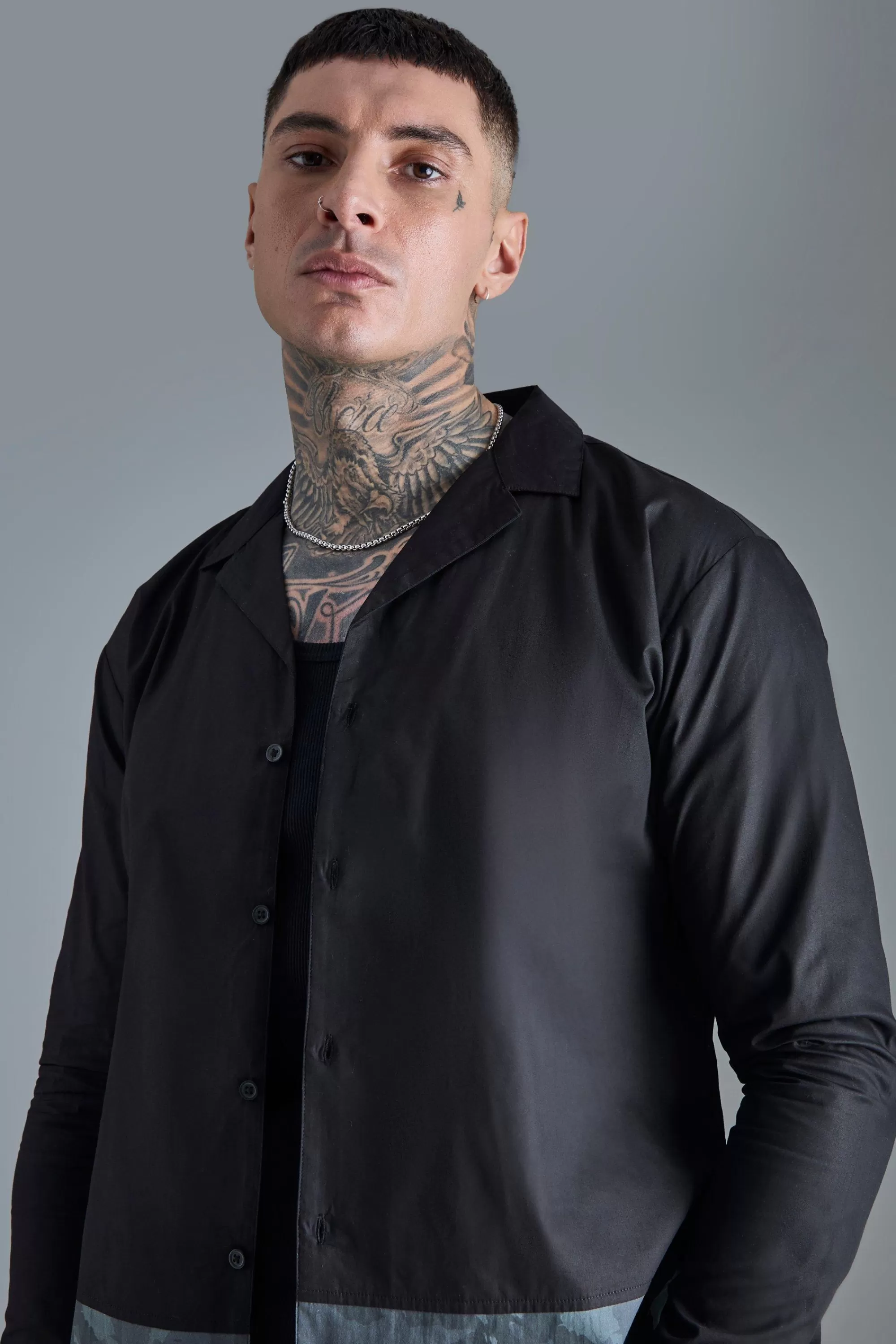 boohooMAN Tall Longsleeve Drop Revere Poplin Camouflage Print Shirt | UK