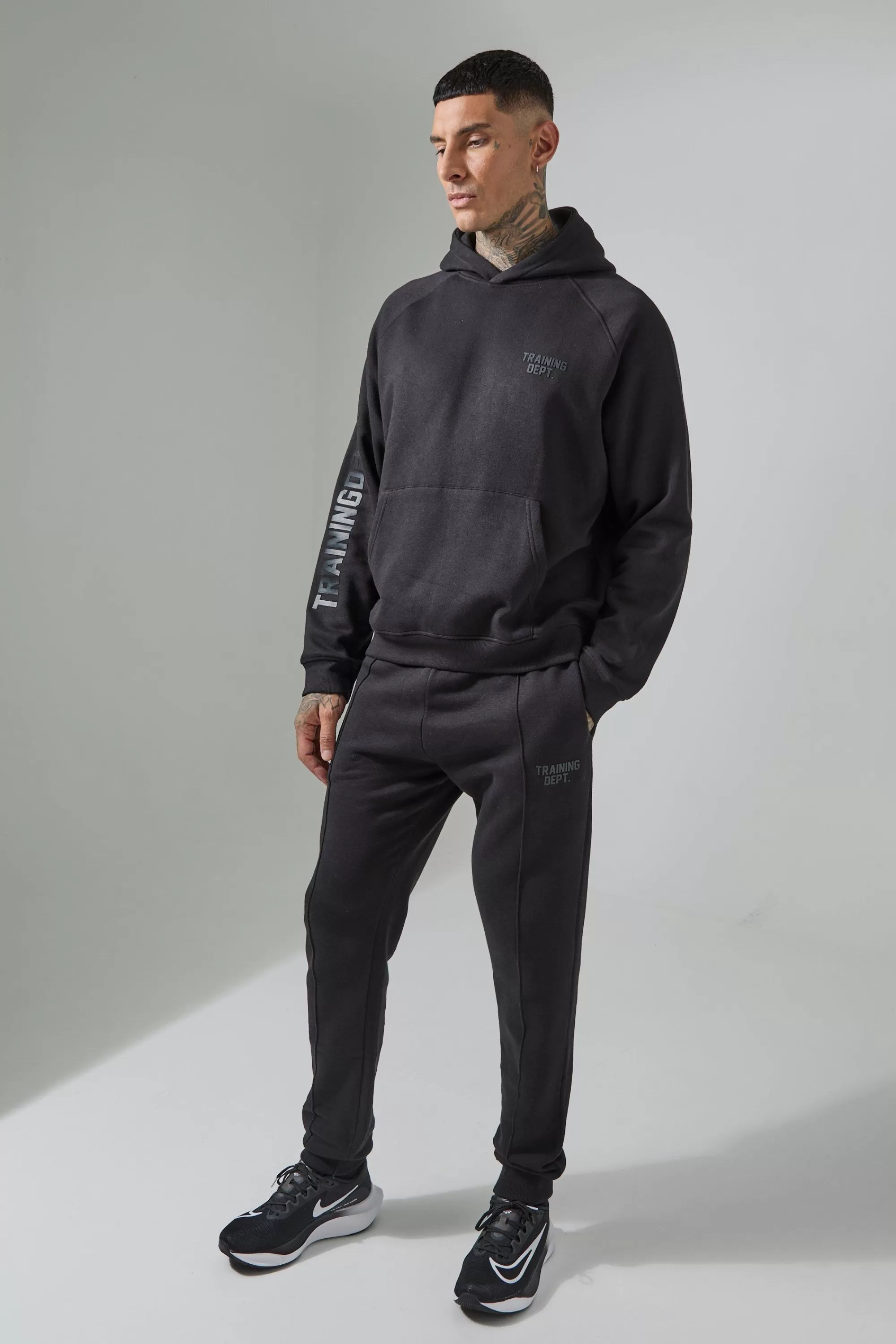 boohooMAN Tall Man Active Training Dept Boxy Hoodie & Slim Jogger Tracksuit | UK