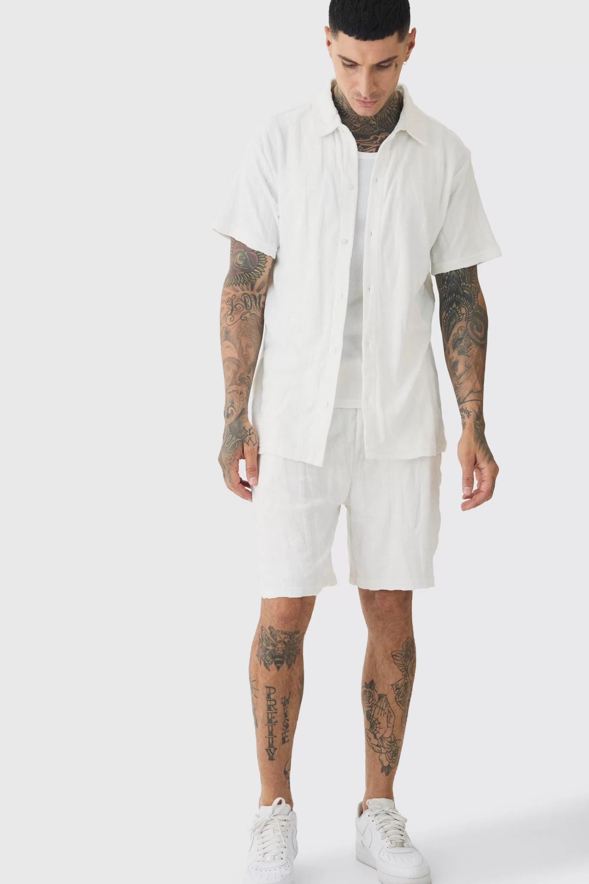 boohooMAN Tall Man Embossed Towelling Shirt & Short Set | UK