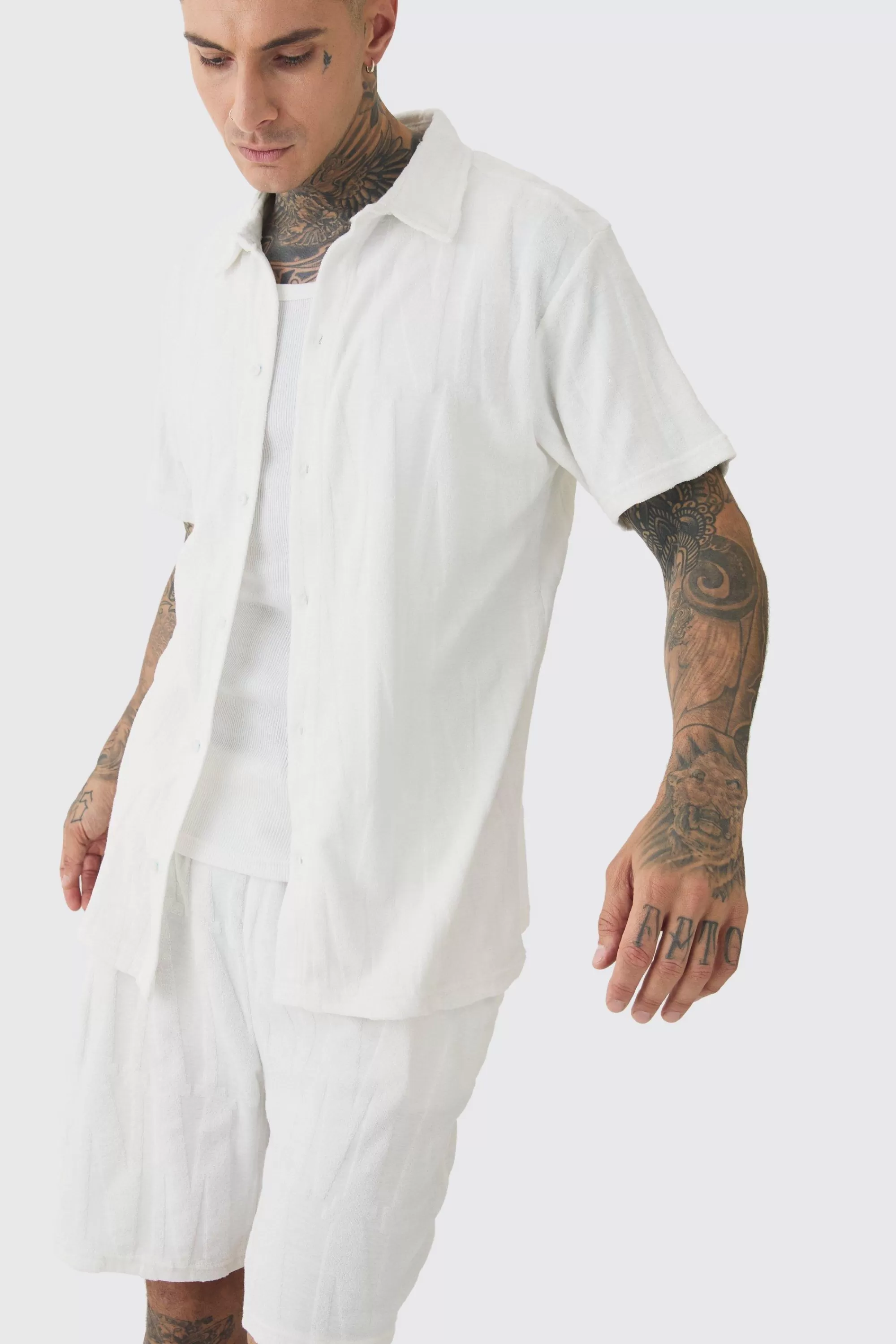 boohooMAN Tall Man Embossed Towelling Shirt & Short Set | UK