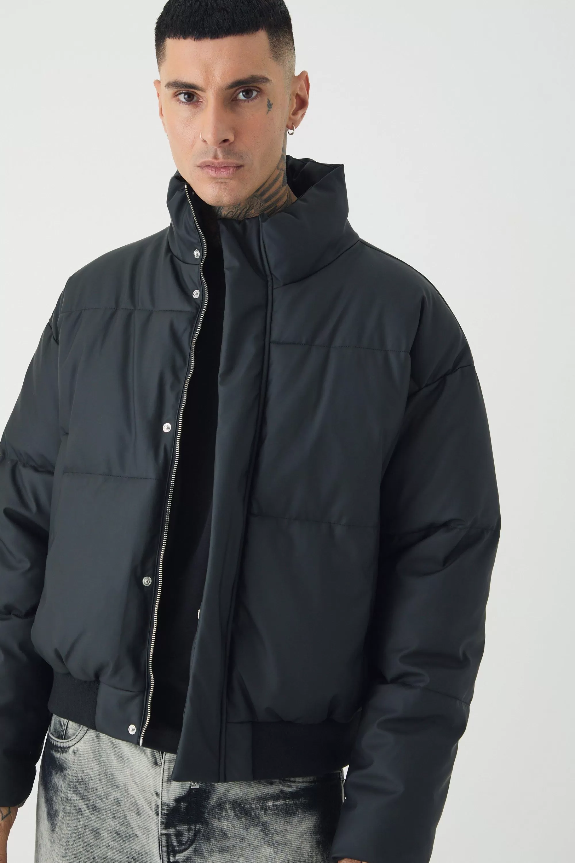 boohooMAN Tall Matte PU Funnel Neck Puffer In | UK