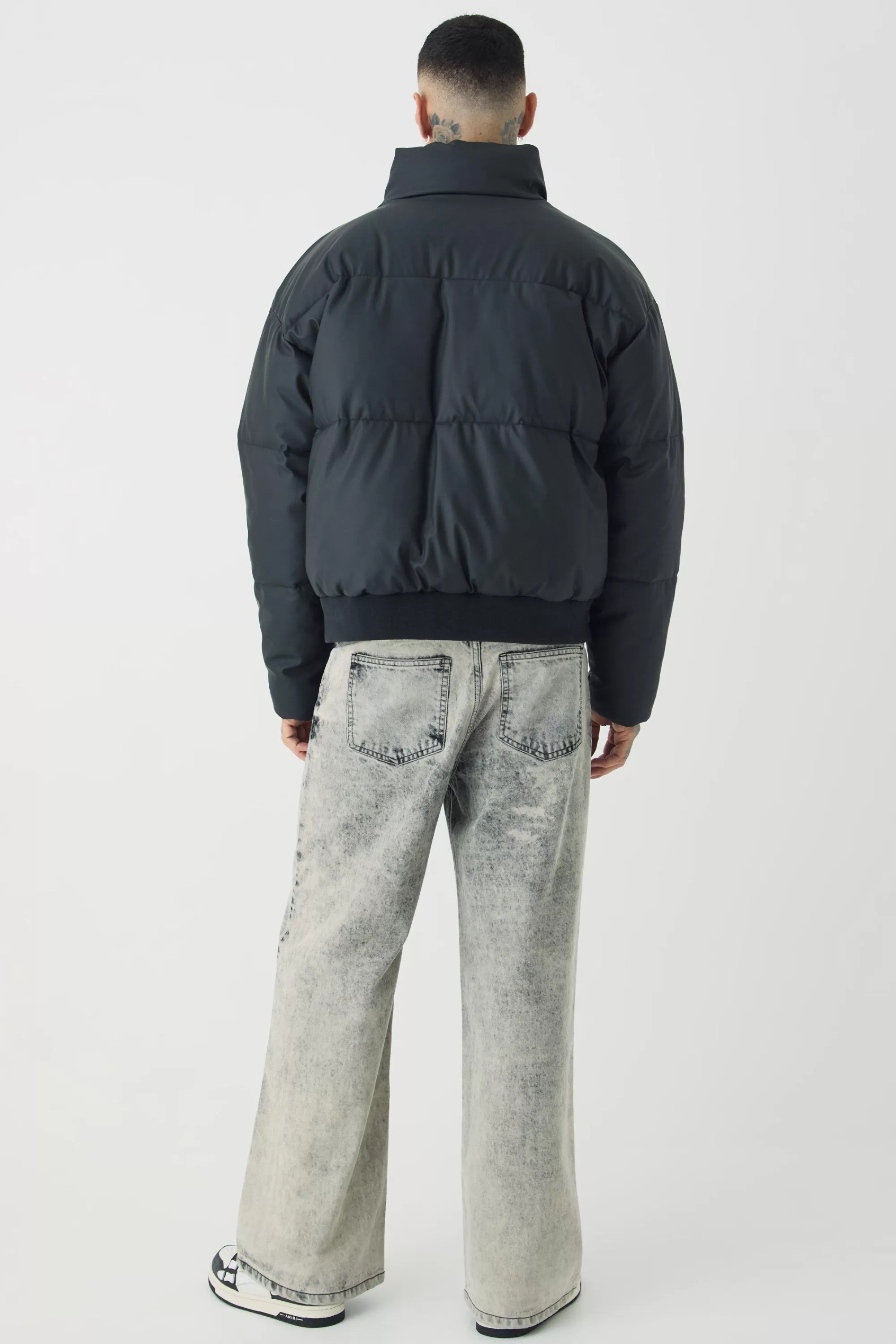 boohooMAN Tall Matte PU Funnel Neck Puffer In | UK