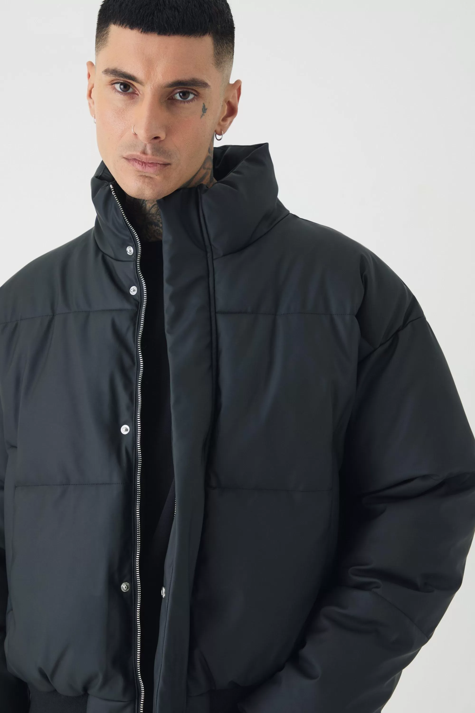 boohooMAN Tall Matte PU Funnel Neck Puffer In | UK