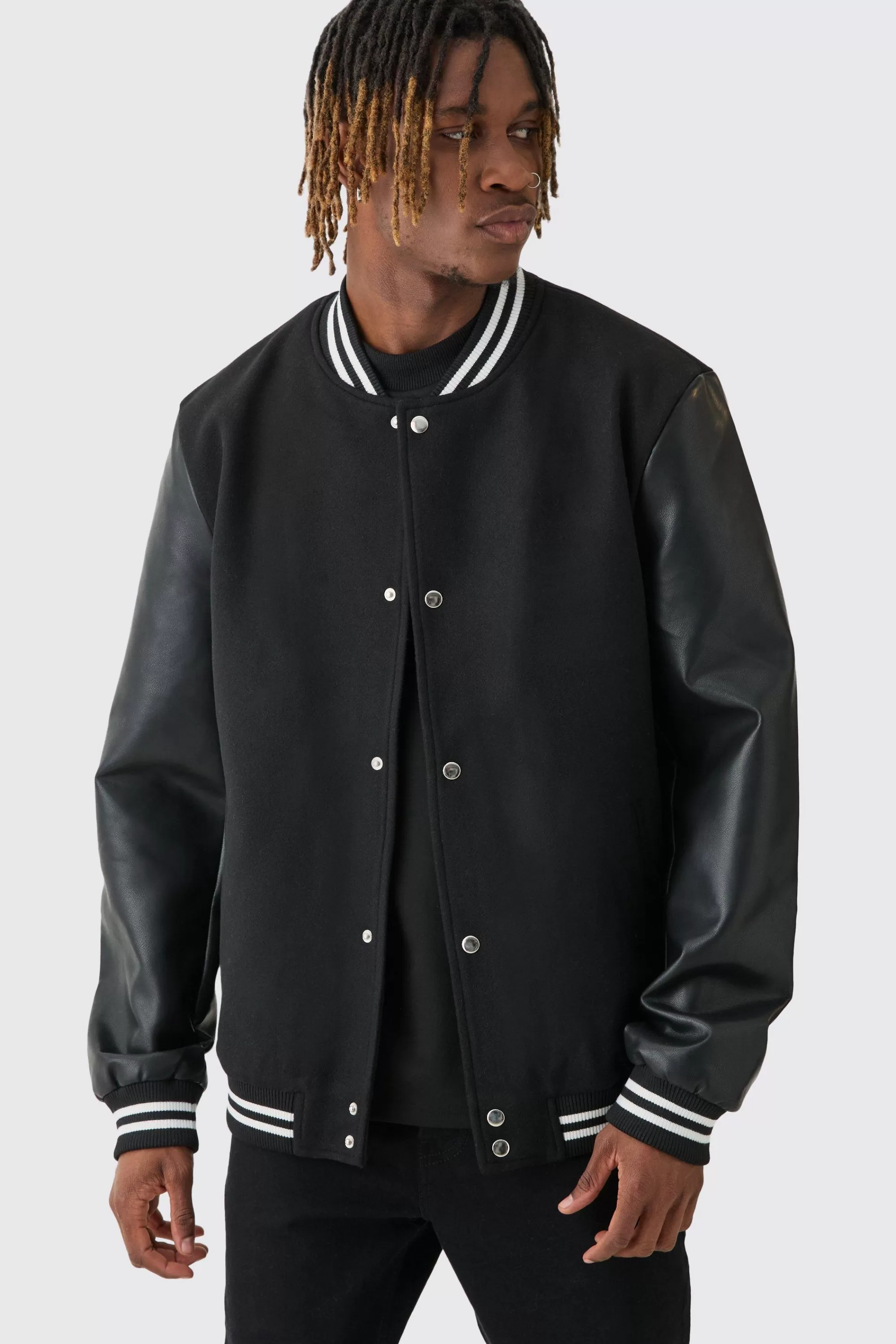 boohooMAN Tall Melton & PU Sleeve Varsity Jacket In | UK