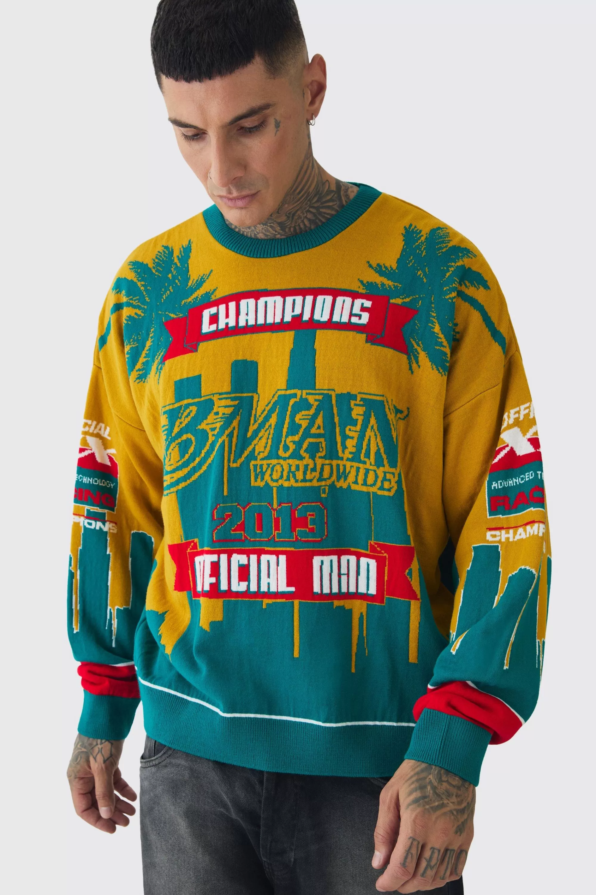 boohooMAN Tall Moto Graphic Knitted Sweatshirt | UK