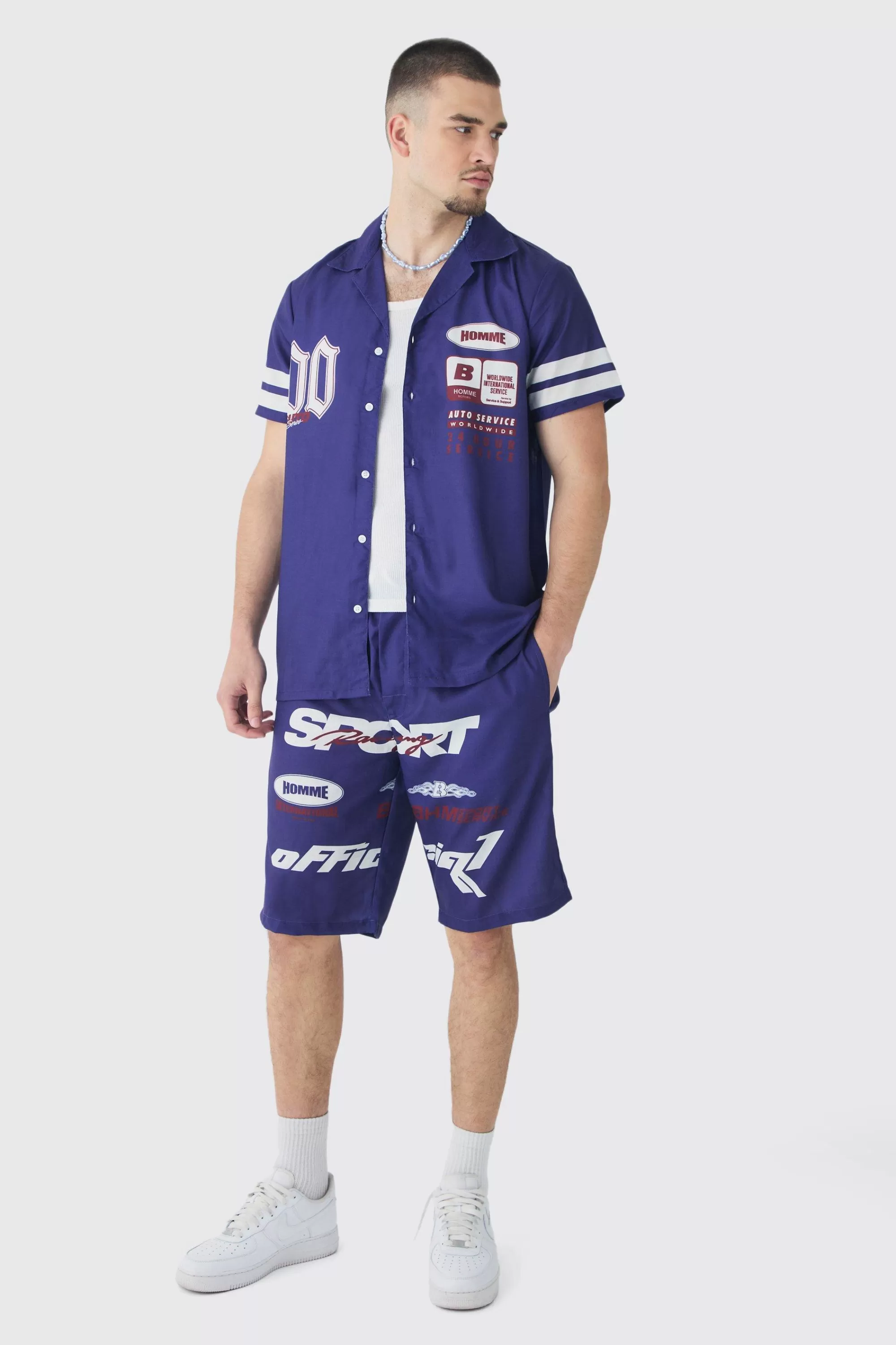 boohooMAN Tall Moto Print Shirt & Short Set In | UK