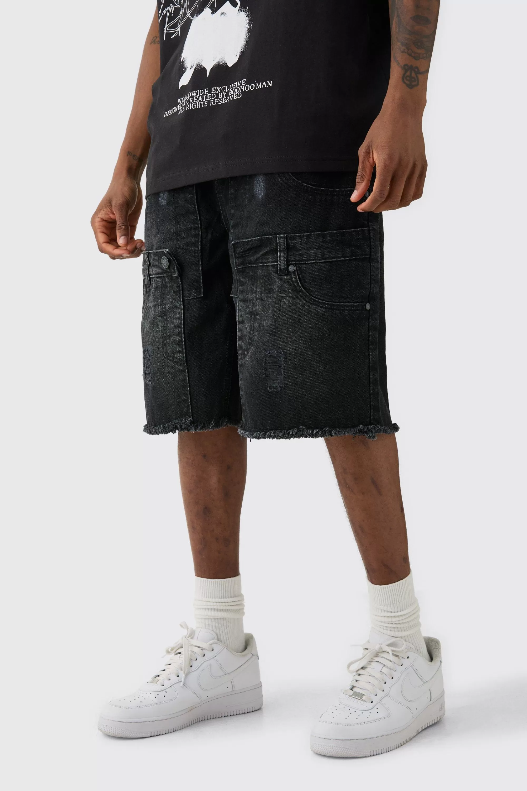 boohooMAN Tall Multi Waistband Relaxed Fit Denim Shorts | UK