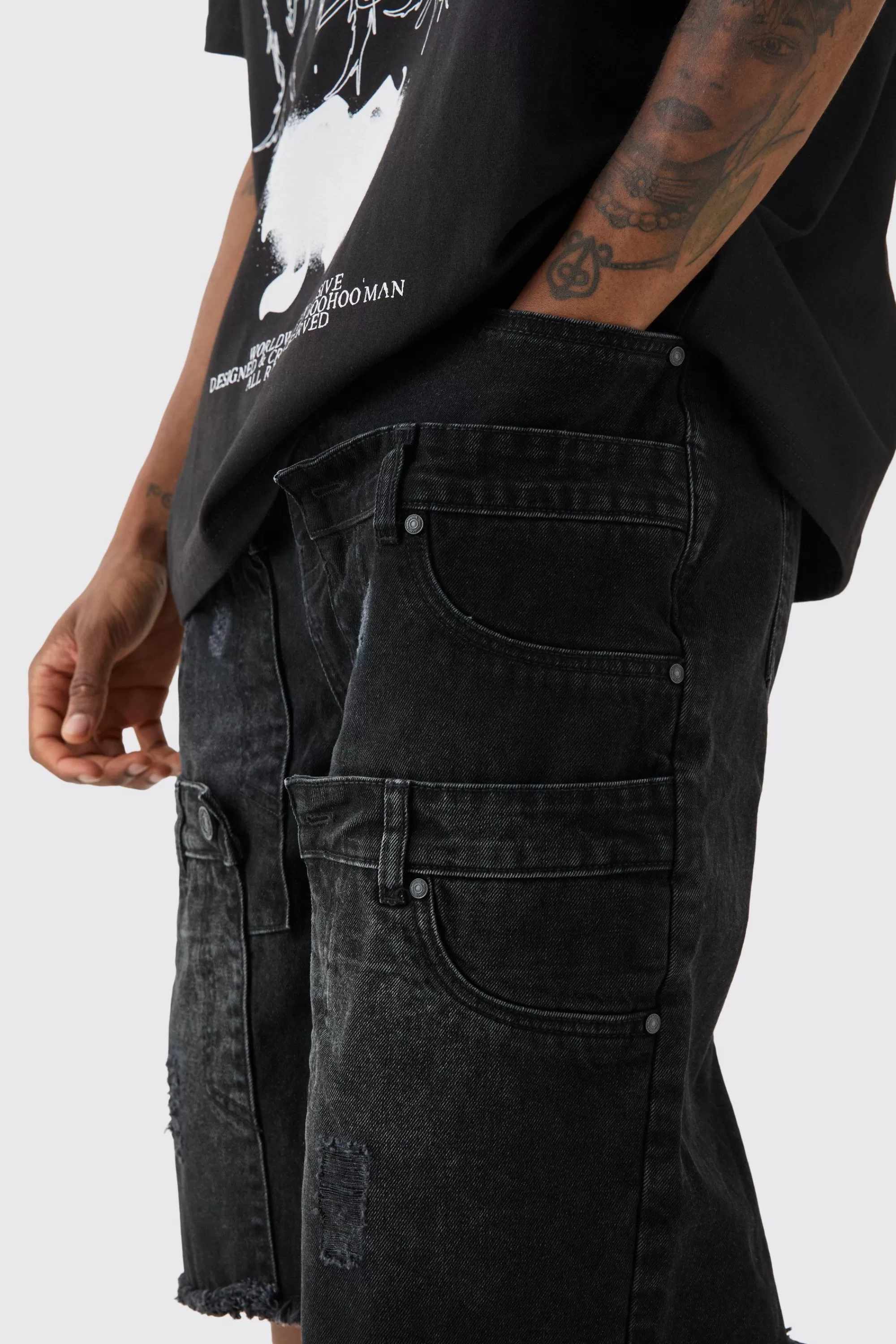 boohooMAN Tall Multi Waistband Relaxed Fit Denim Shorts | UK