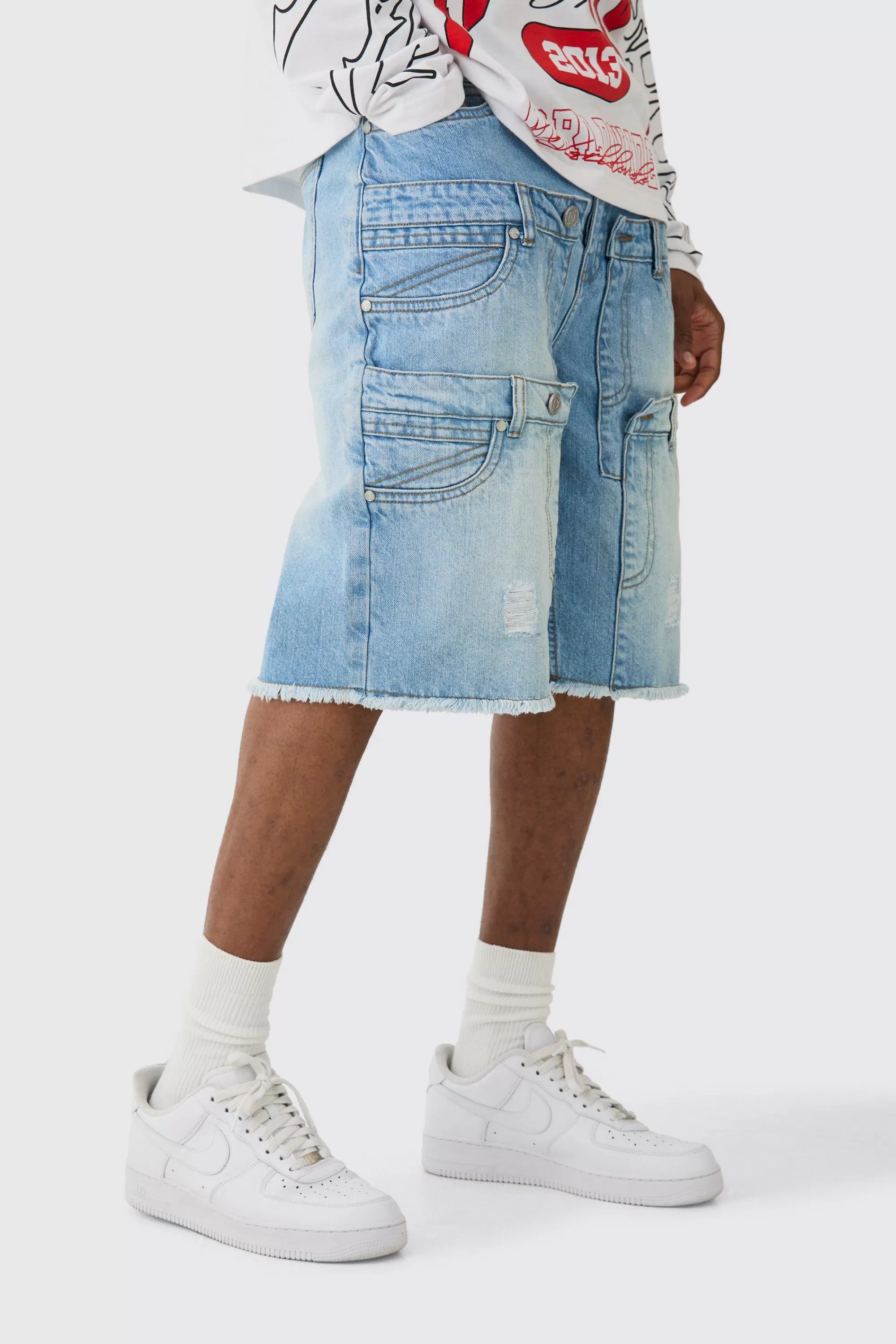 boohooMAN Tall Multi Waistband Relaxed Fit Denim Shorts | UK