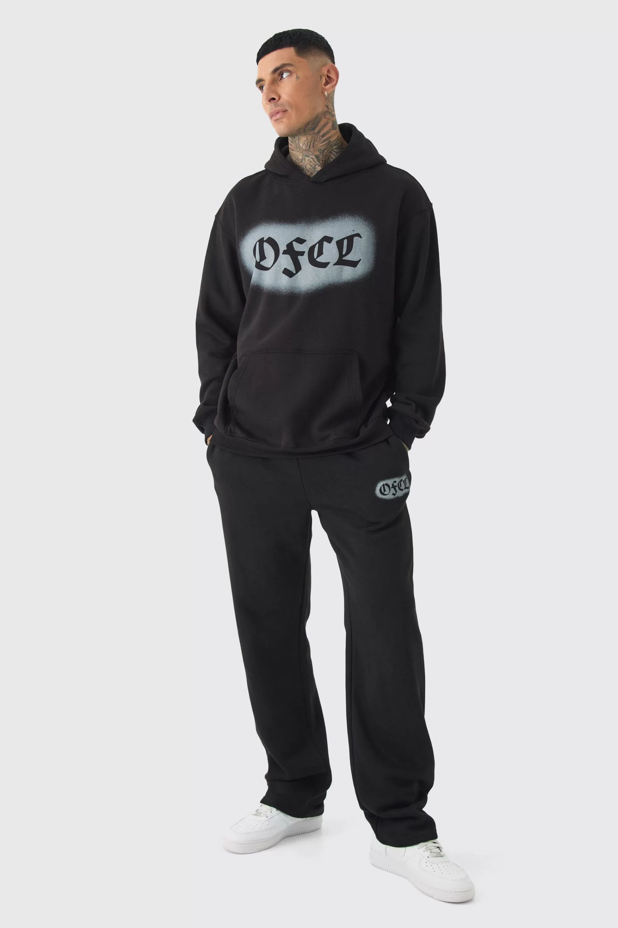 boohooMAN Tall OFCL Spray Hoodie & Relaxed Fit Jogger Tracksuit | UK