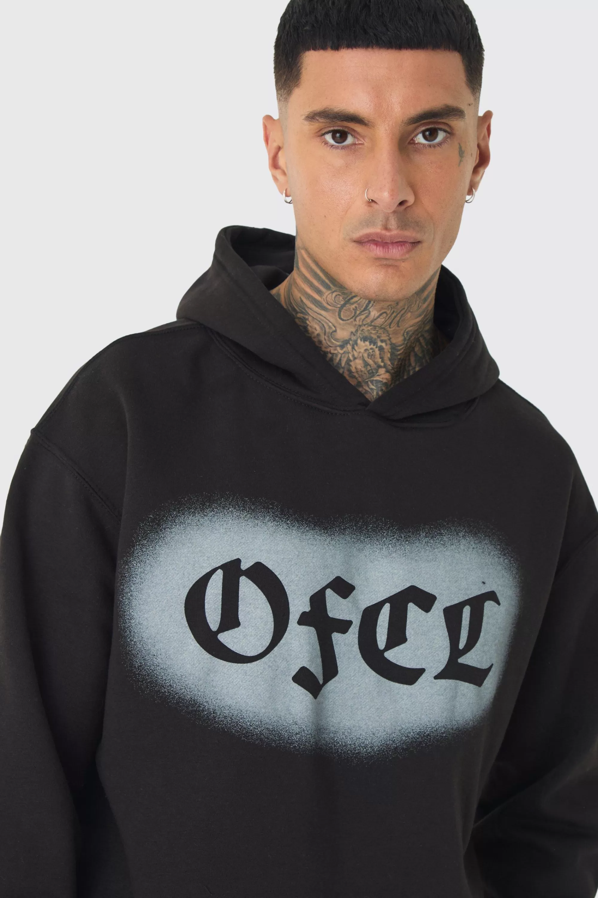 boohooMAN Tall OFCL Spray Hoodie & Relaxed Fit Jogger Tracksuit | UK