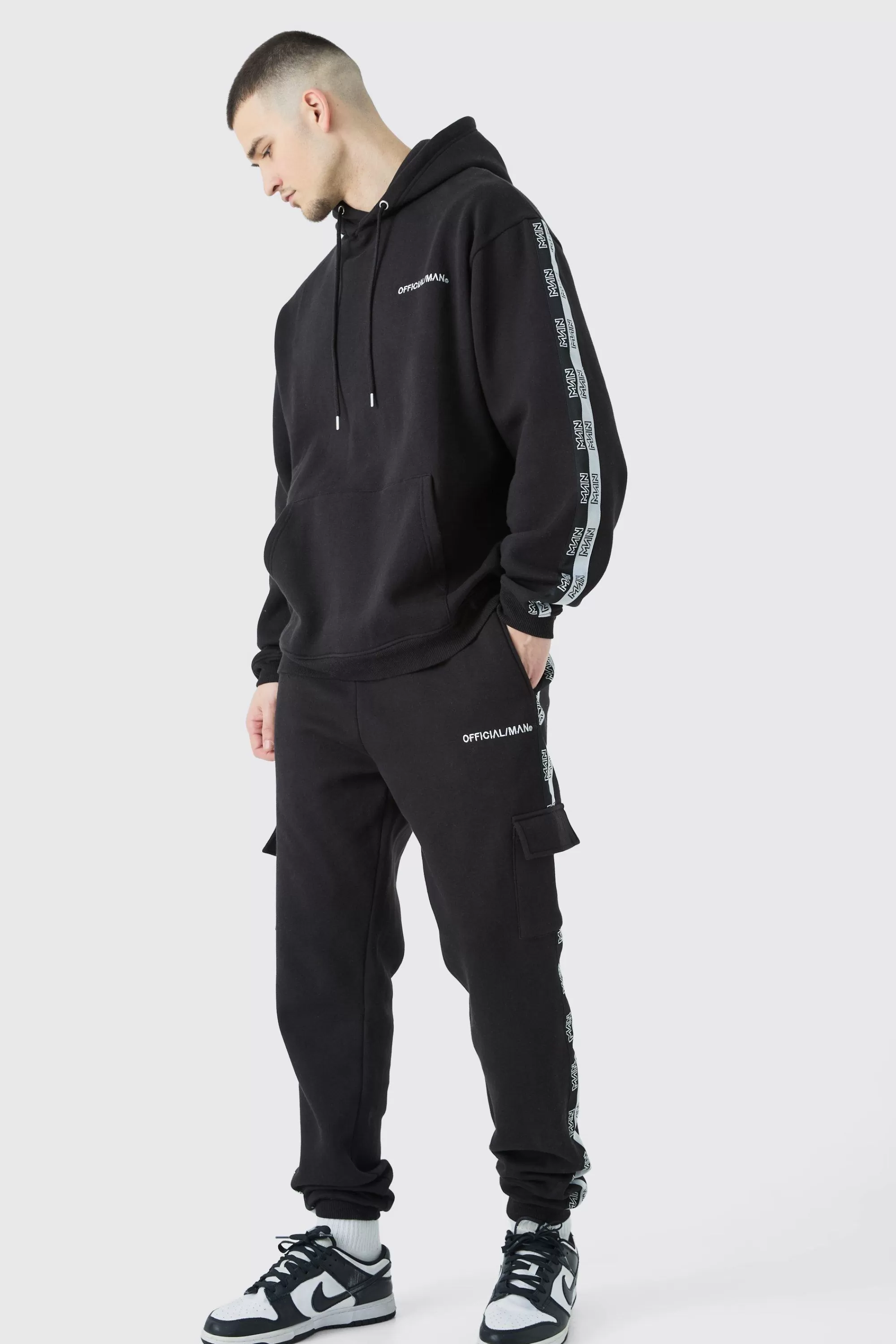 boohooMAN Tall Official Man Tape Cargo Hooded Tracksuit | UK