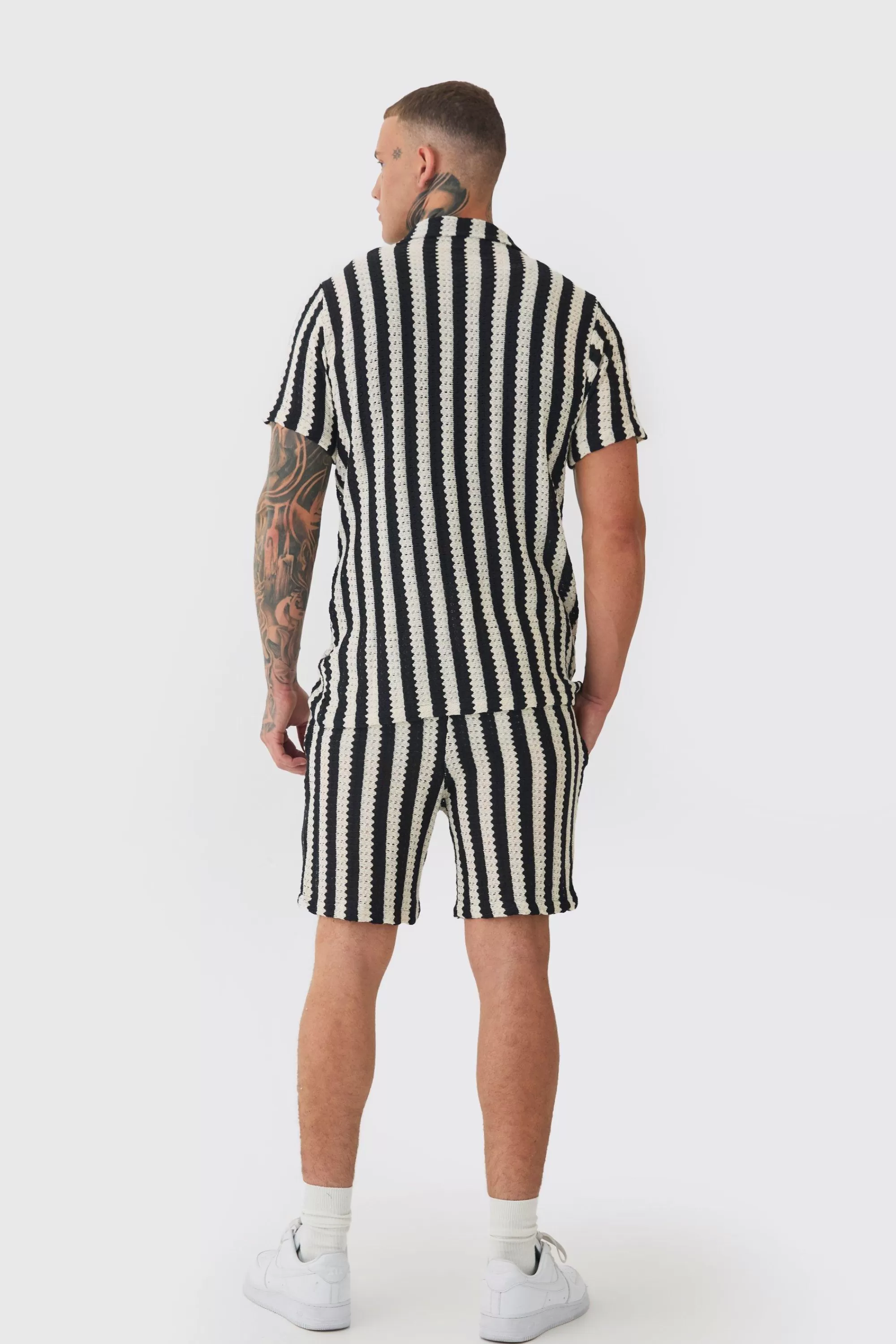 boohooMAN Tall Open Weave Oversized Shirt & Short Set | UK