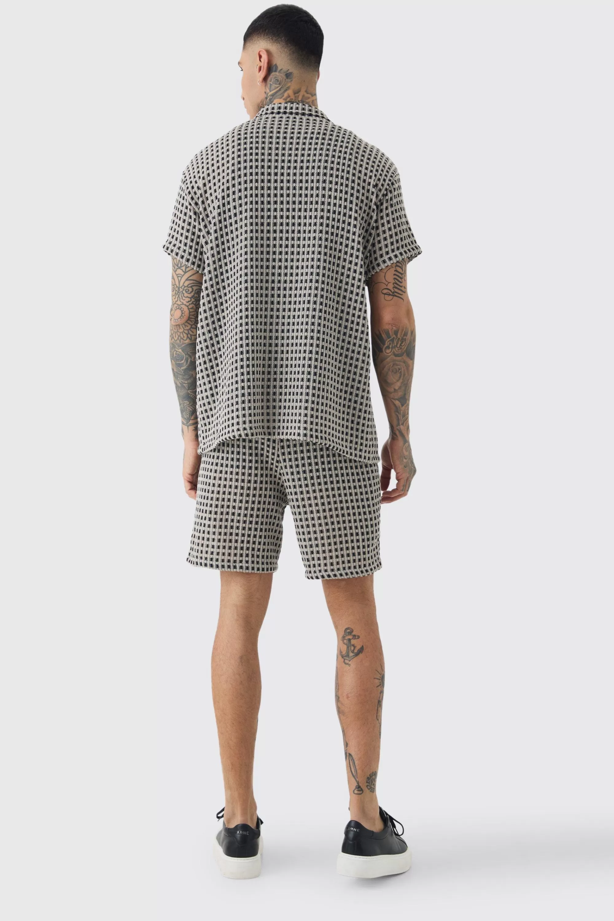 boohooMAN Tall Open Weave Oversized Shirt & Short Set | UK