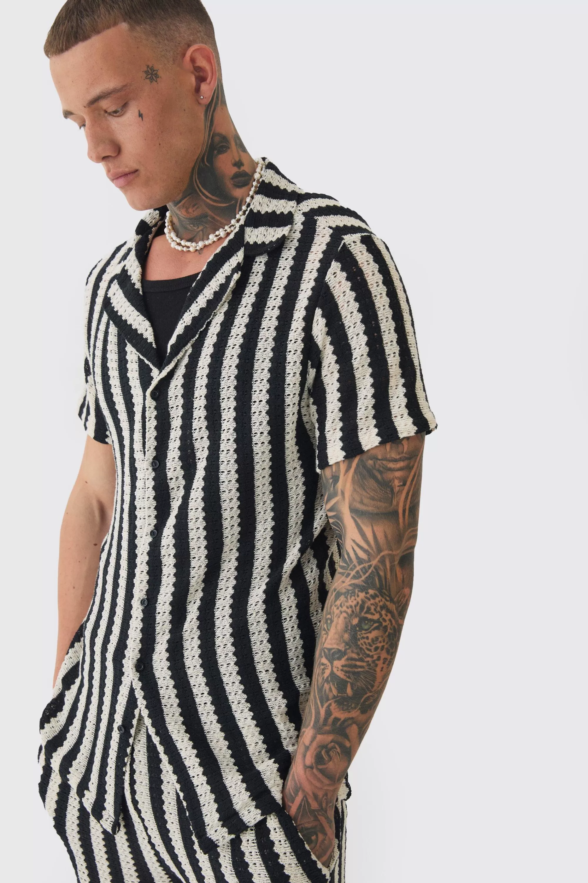 boohooMAN Tall Open Weave Oversized Shirt & Short Set | UK
