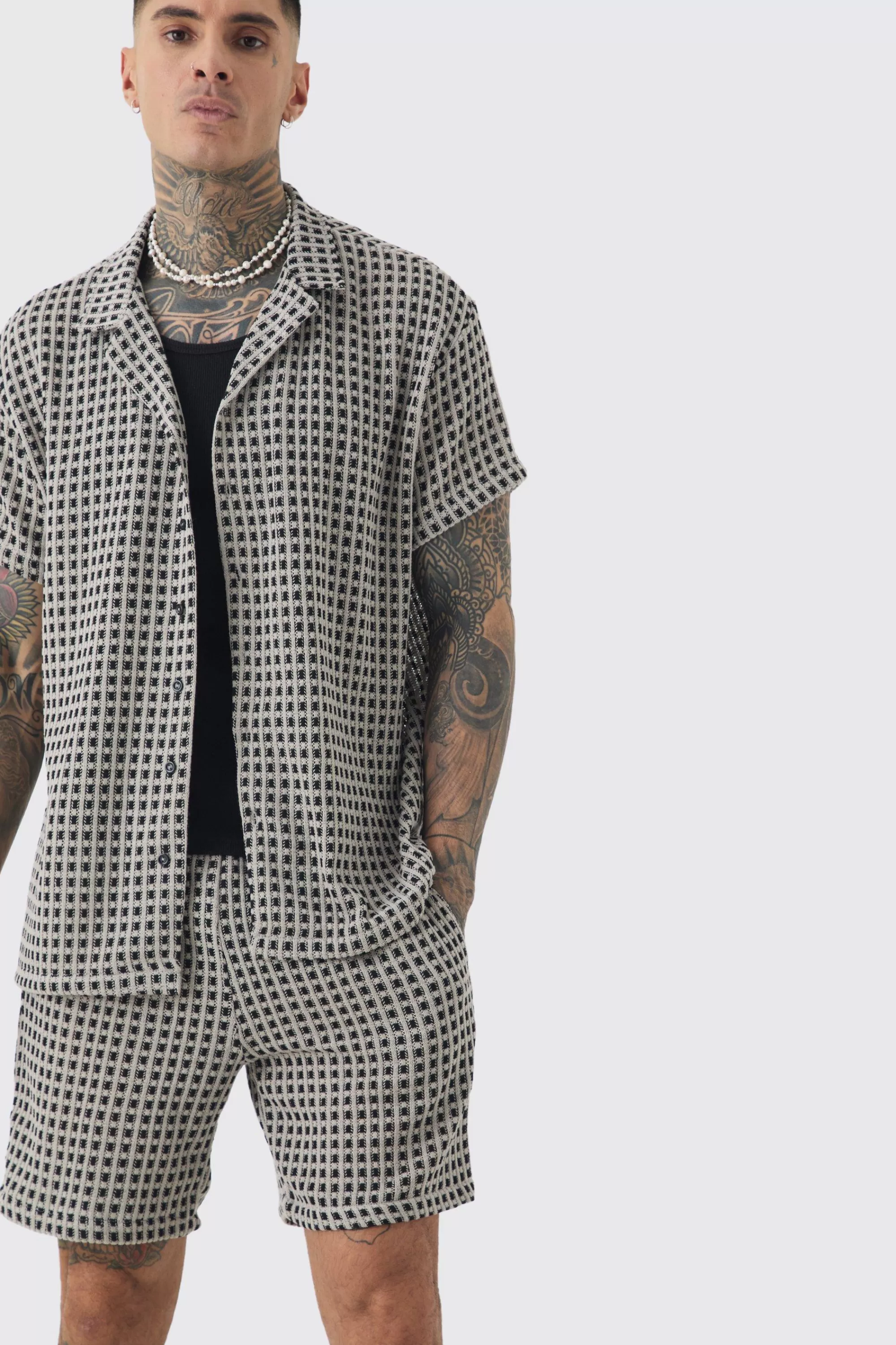 boohooMAN Tall Open Weave Oversized Shirt & Short Set | UK