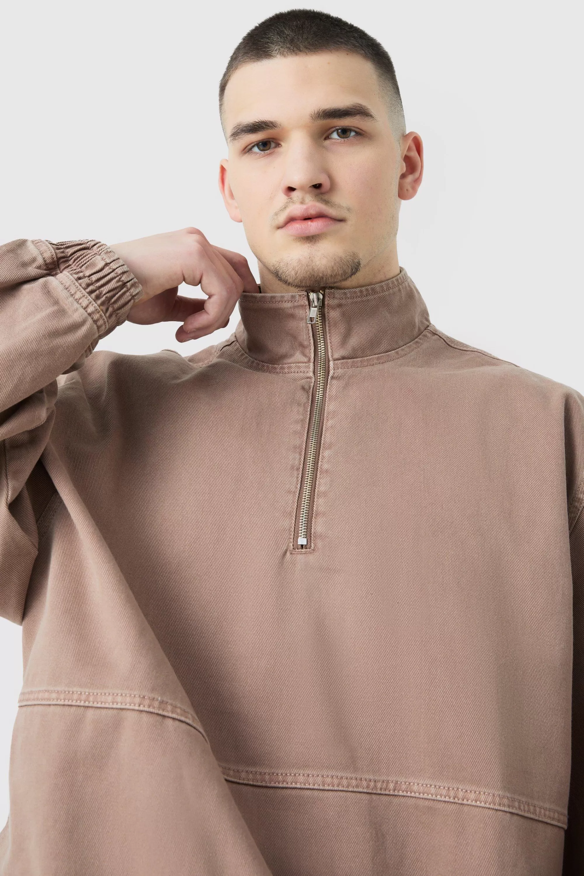 boohooMAN Tall Overdyed Oversized Funnel Neck 1/4 Zip Jacket | UK