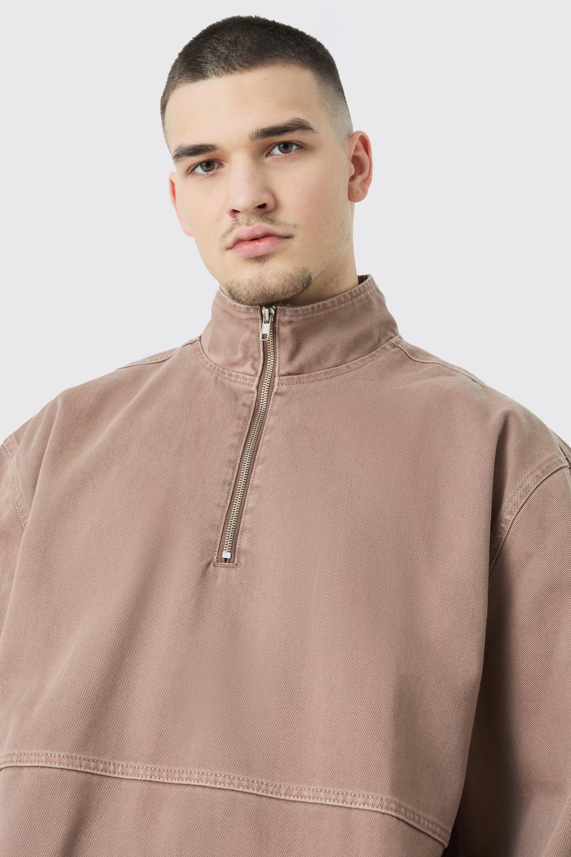 boohooMAN Tall Overdyed Oversized Funnel Neck 1/4 Zip Jacket | UK