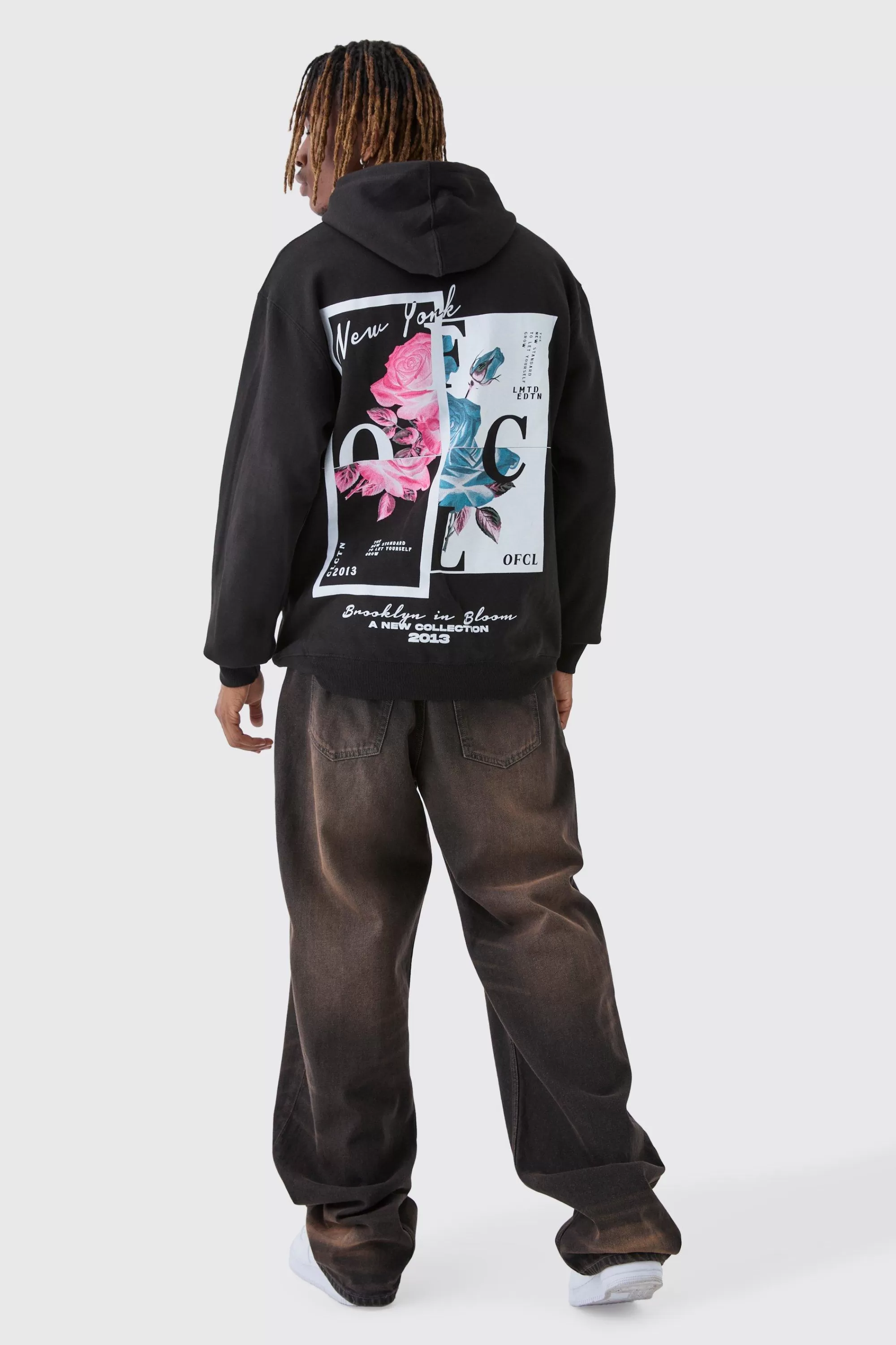 boohooMAN Tall Overdyed Spliced Floral Graphic Oversized Hoodie | UK