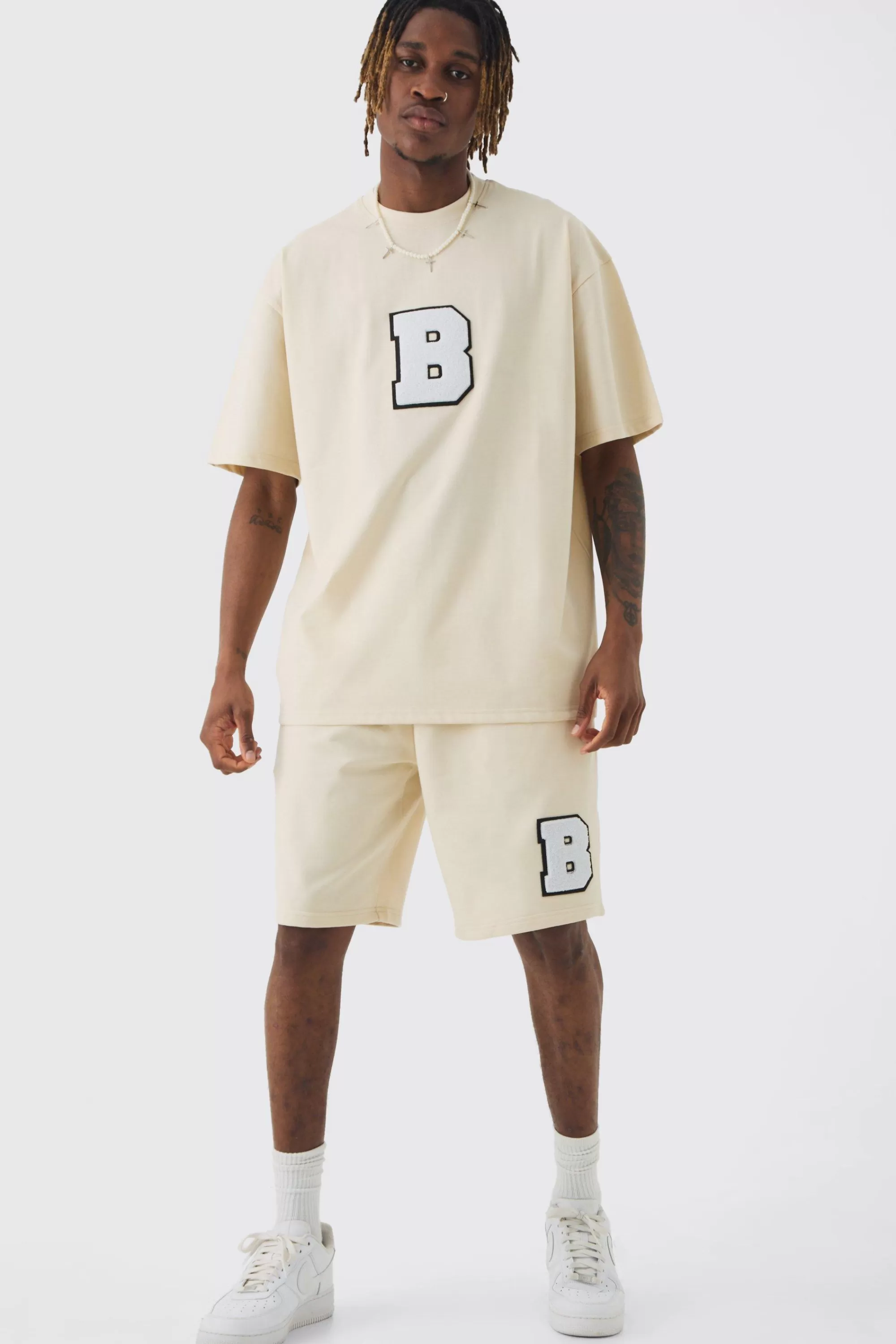 boohooMAN Tall Oversized Applique T-shirt & Short Set | UK