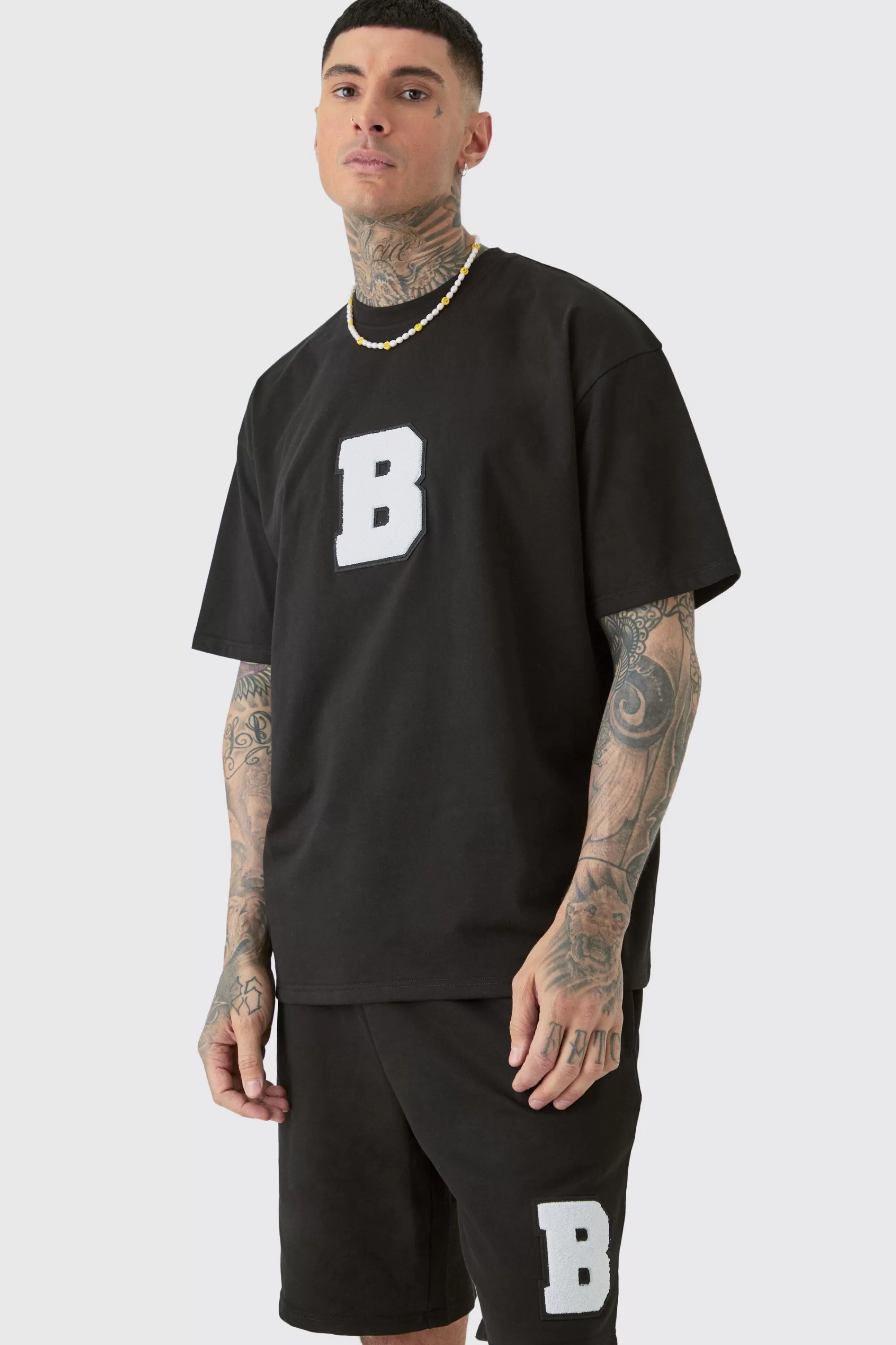 boohooMAN Tall Oversized Applique T-shirt & Short Set | UK