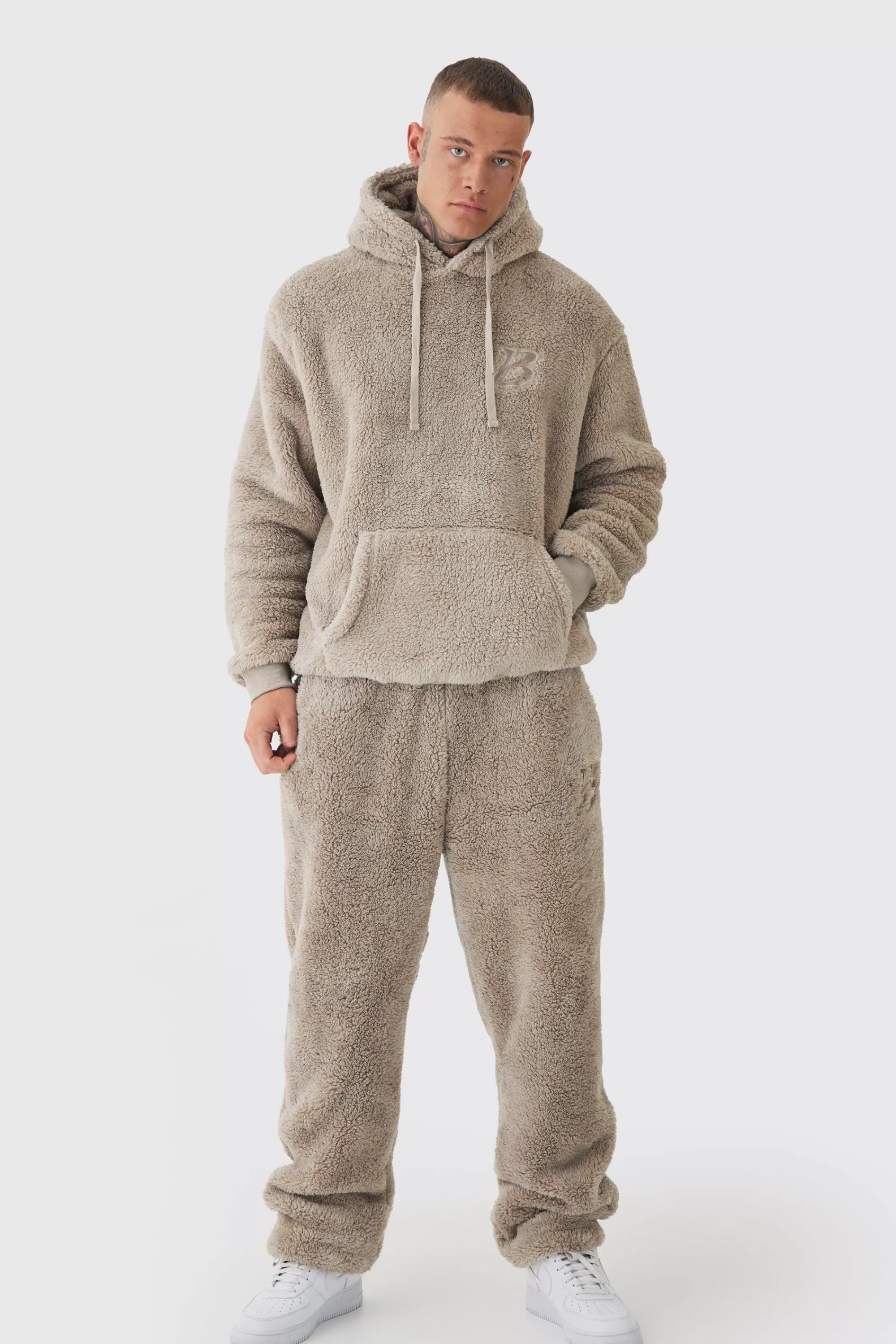 boohooMAN Tall Oversized Borg Embroidered Hooded Tracksuit | UK