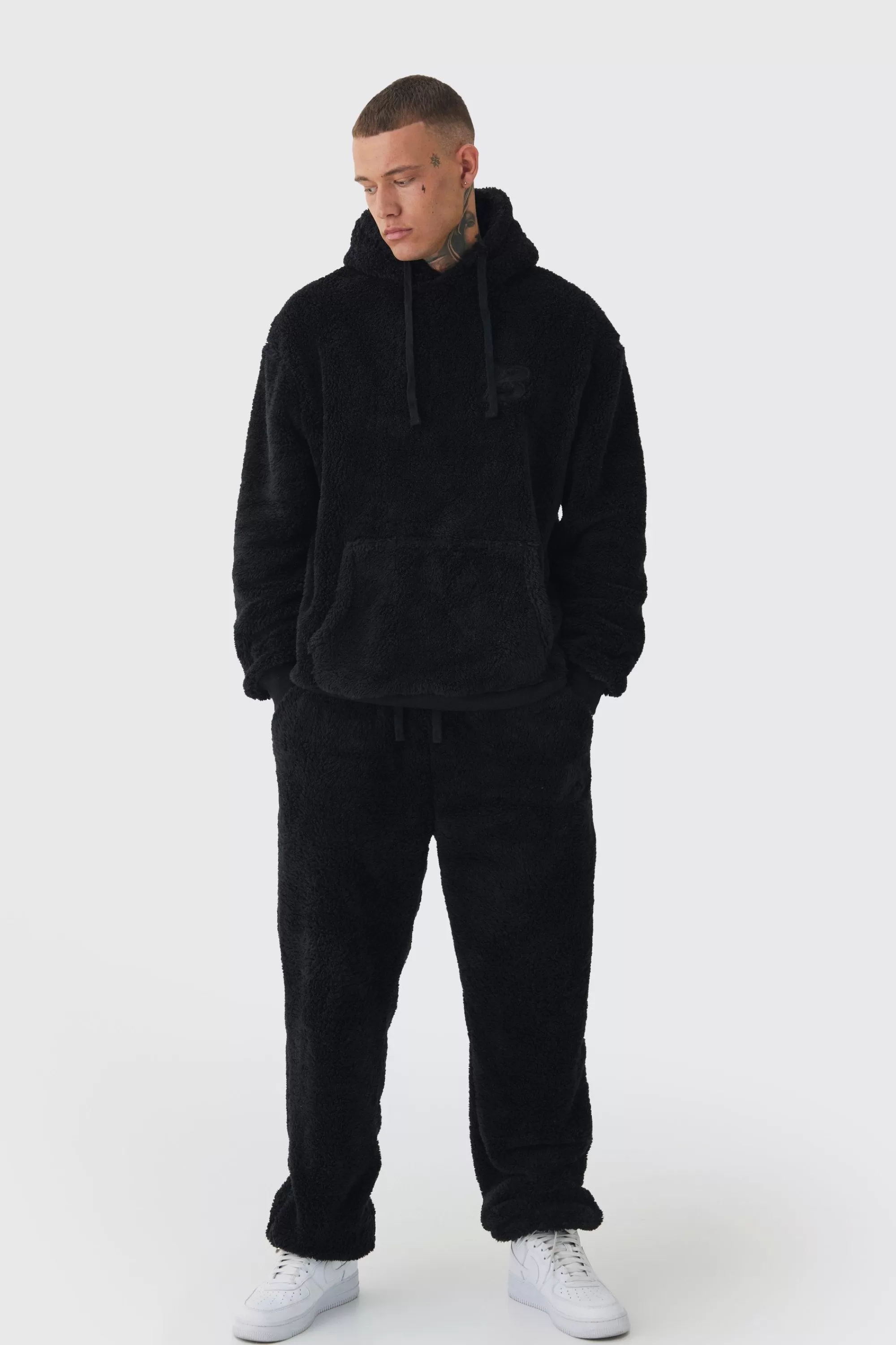 boohooMAN Tall Oversized Borg Embroidered Hooded Tracksuit | UK
