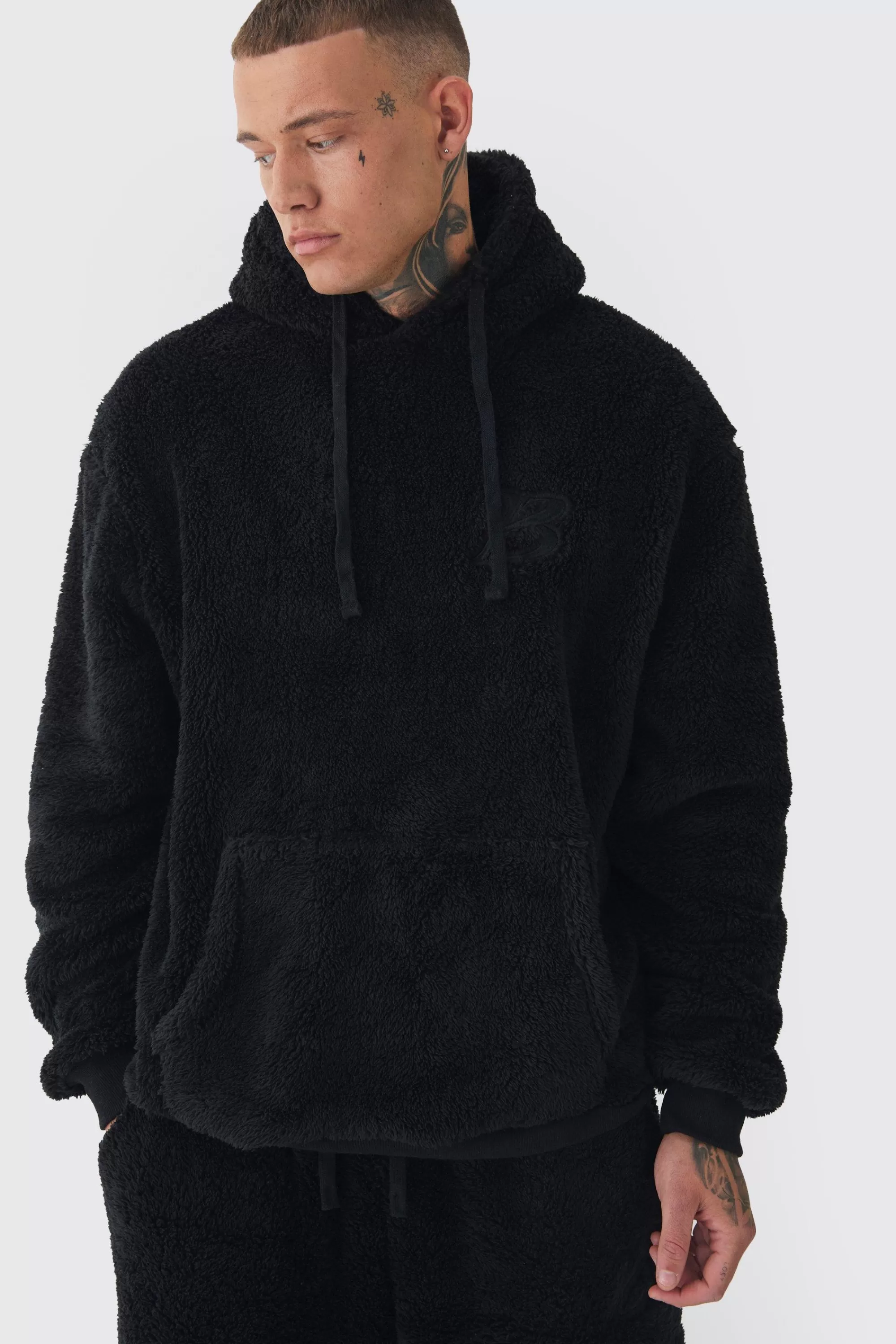 boohooMAN Tall Oversized Borg Embroidered Hooded Tracksuit | UK