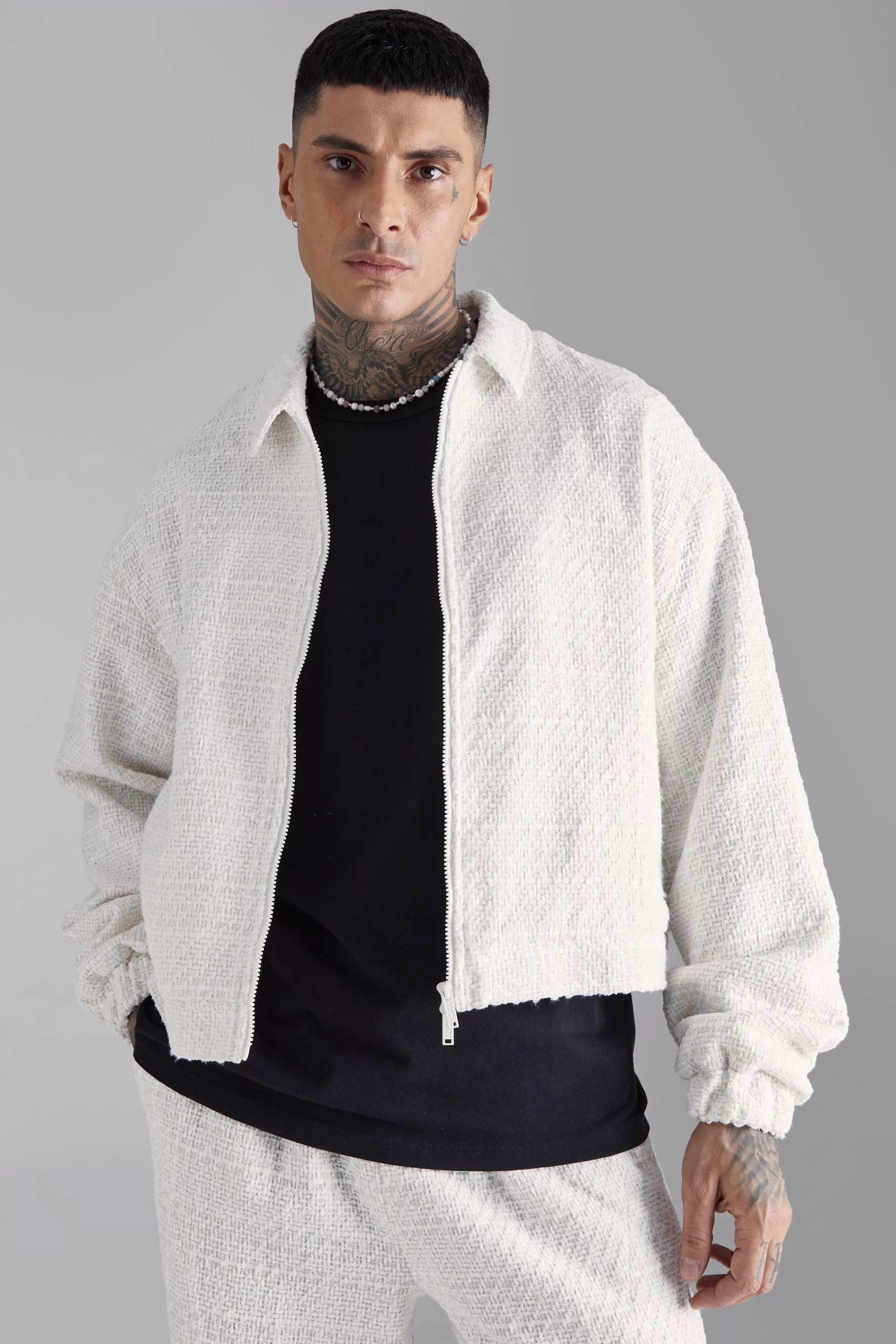 boohooMAN Tall Oversized Boxy Boucle Zip Through Jacket | UK