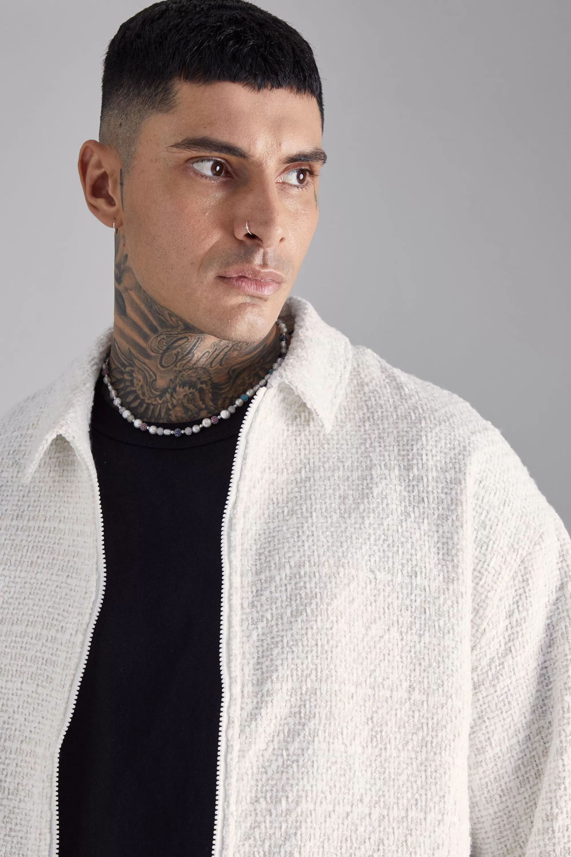 boohooMAN Tall Oversized Boxy Boucle Zip Through Jacket | UK