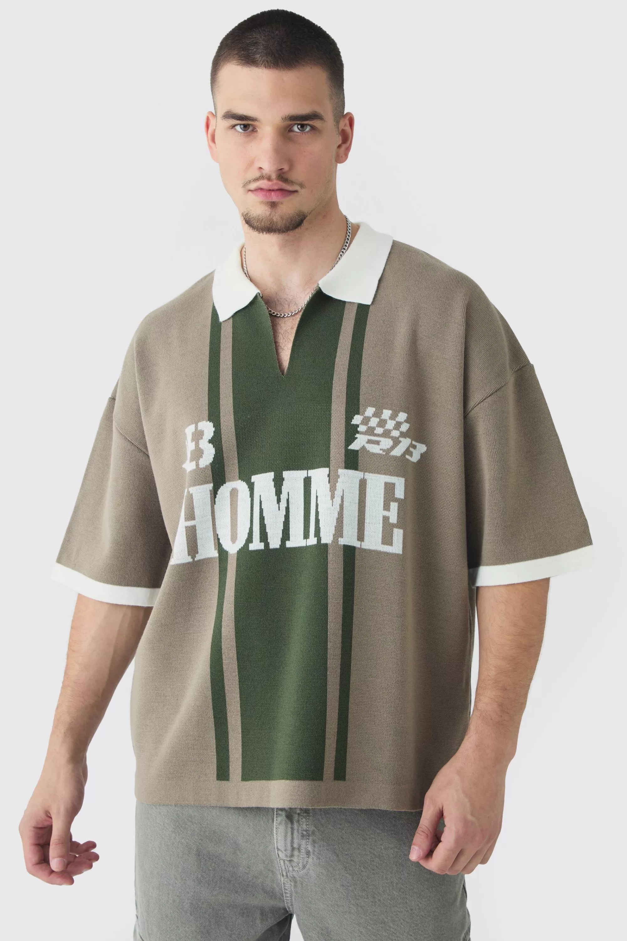 boohooMAN Tall Oversized Boxy Football Knitted Polo Shirt | UK