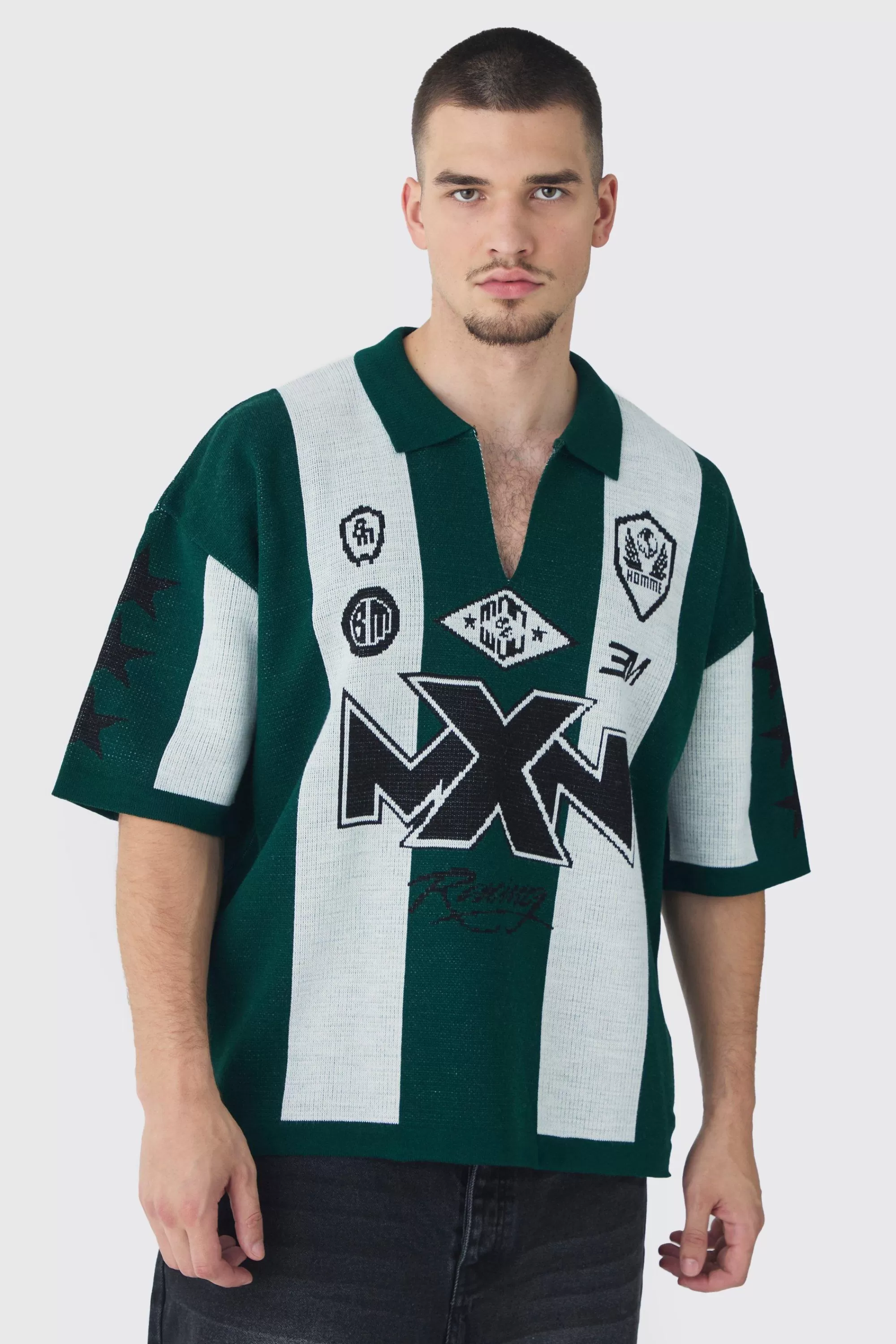 boohooMAN Tall Oversized Boxy Football Knitted Polo Shirt | UK