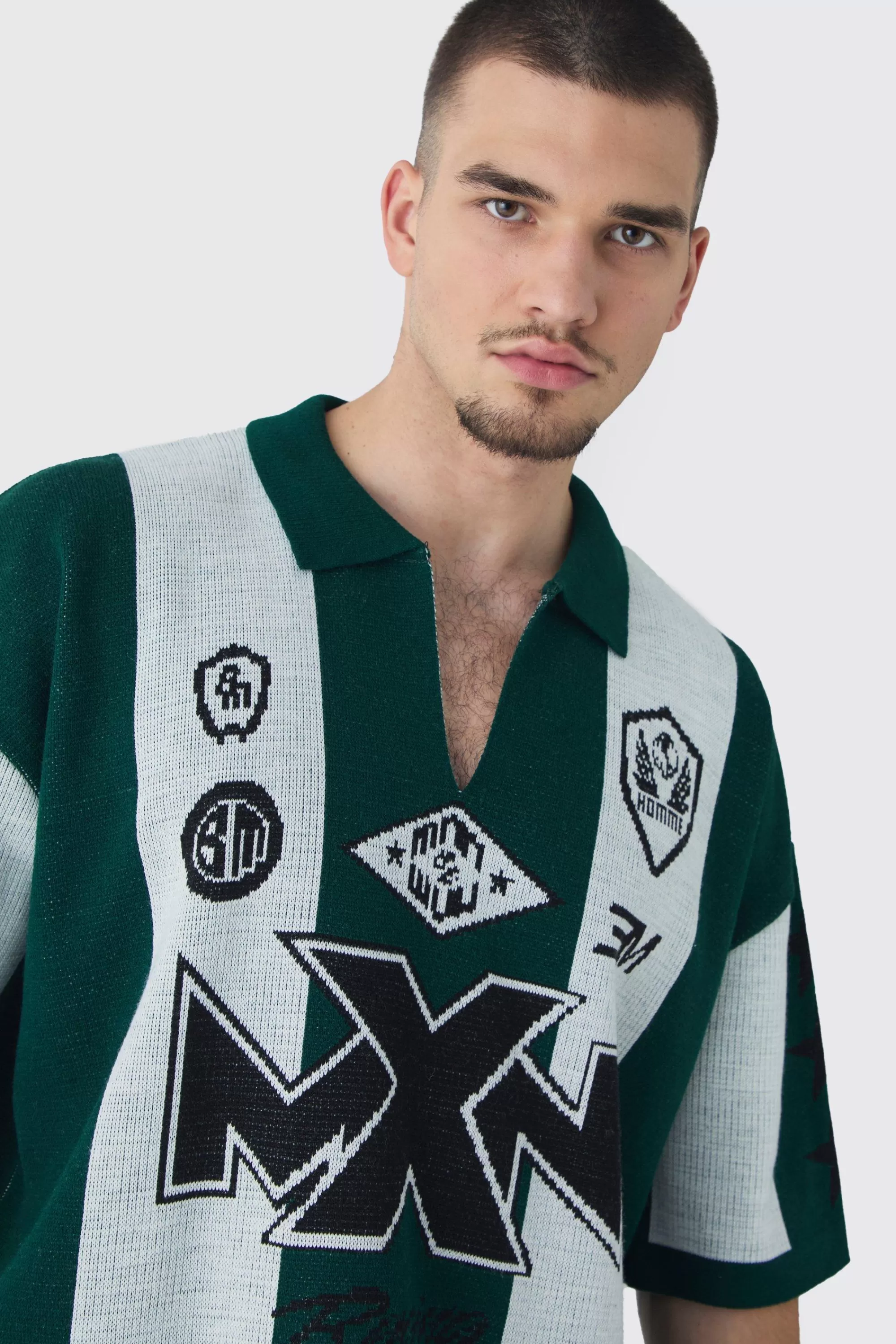 boohooMAN Tall Oversized Boxy Football Knitted Polo Shirt | UK