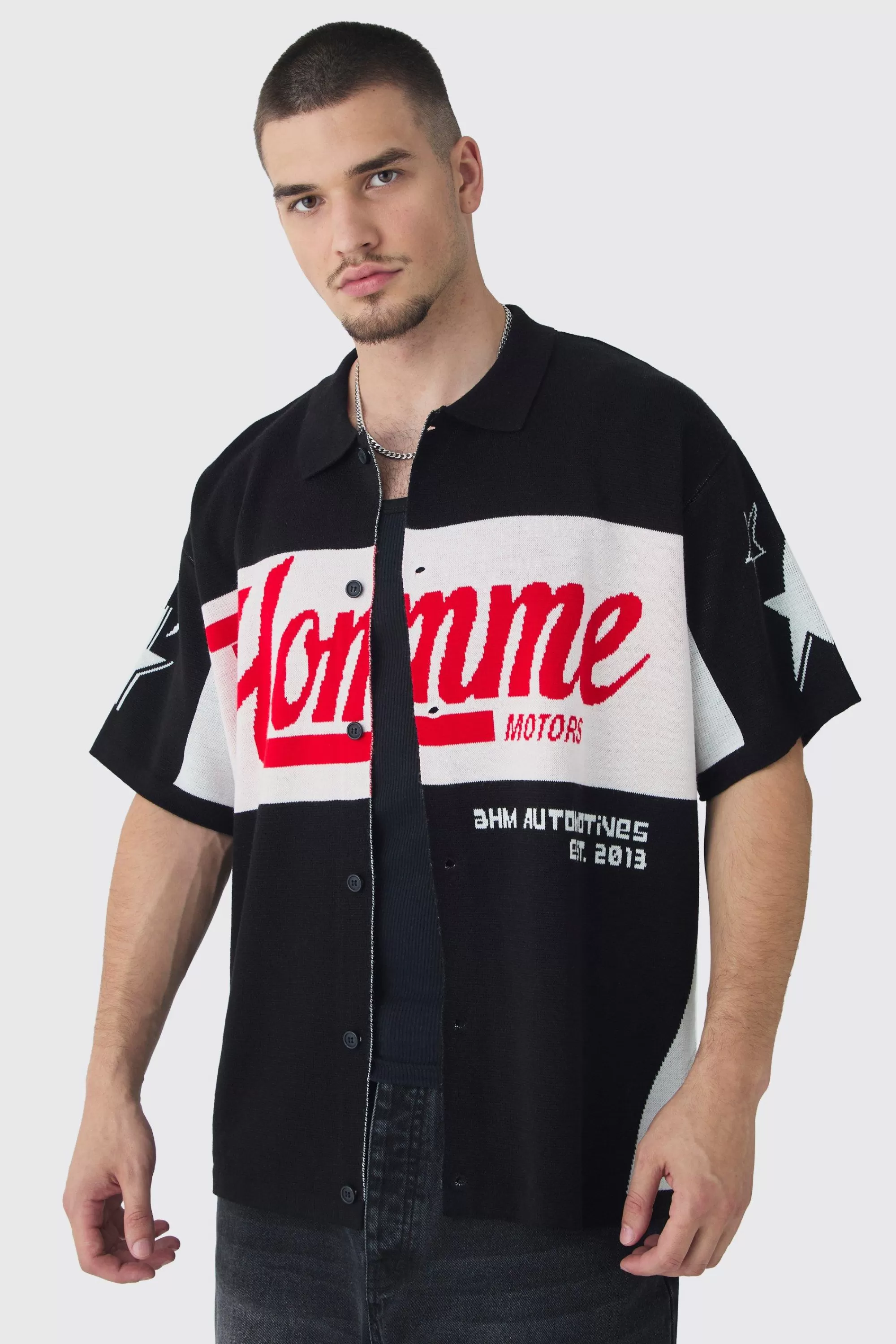 boohooMAN Tall Oversized Boxy Moto Knitted Shirt | UK