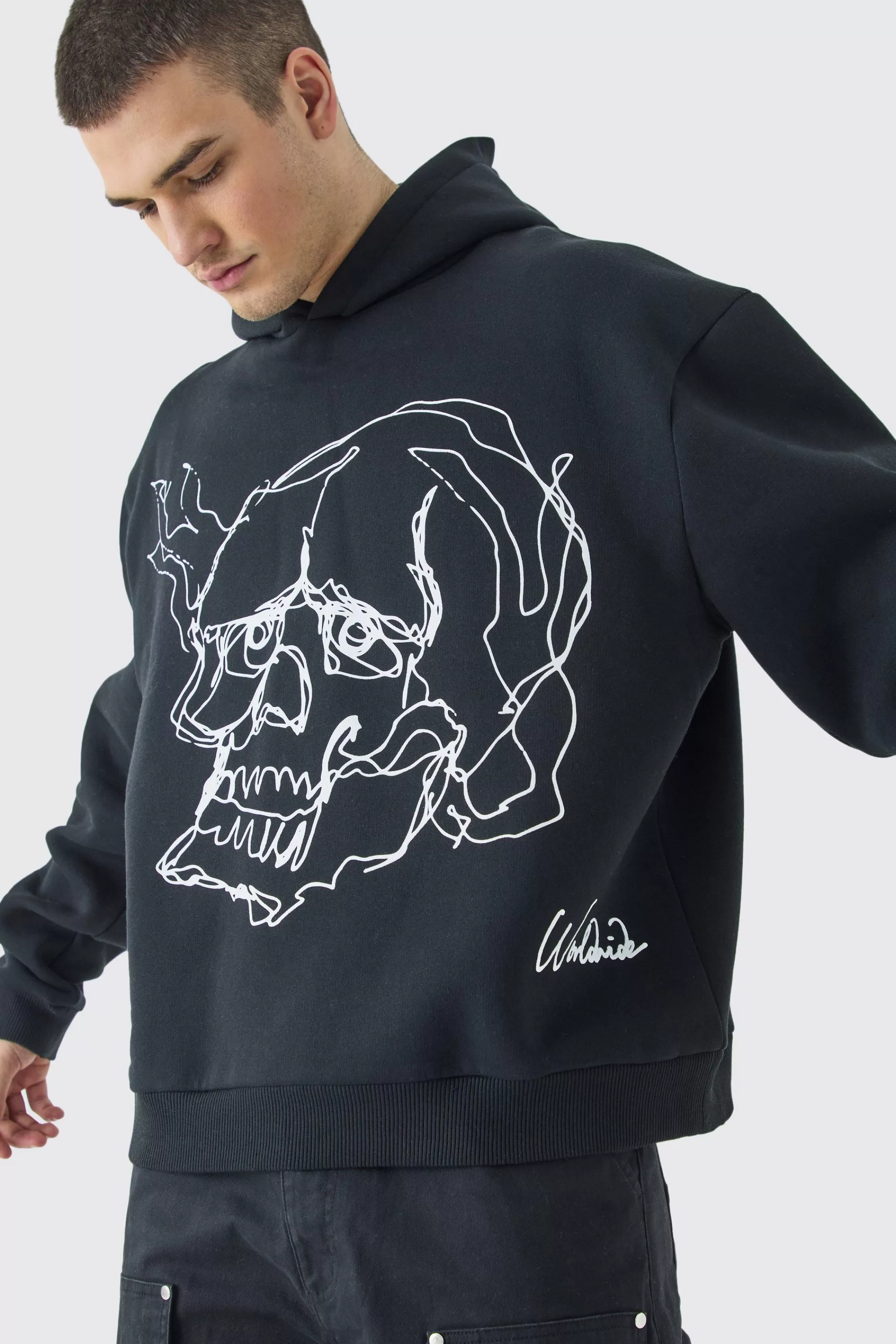 boohooMAN Tall Oversized Boxy Skull Line Drawing Hoodie | UK