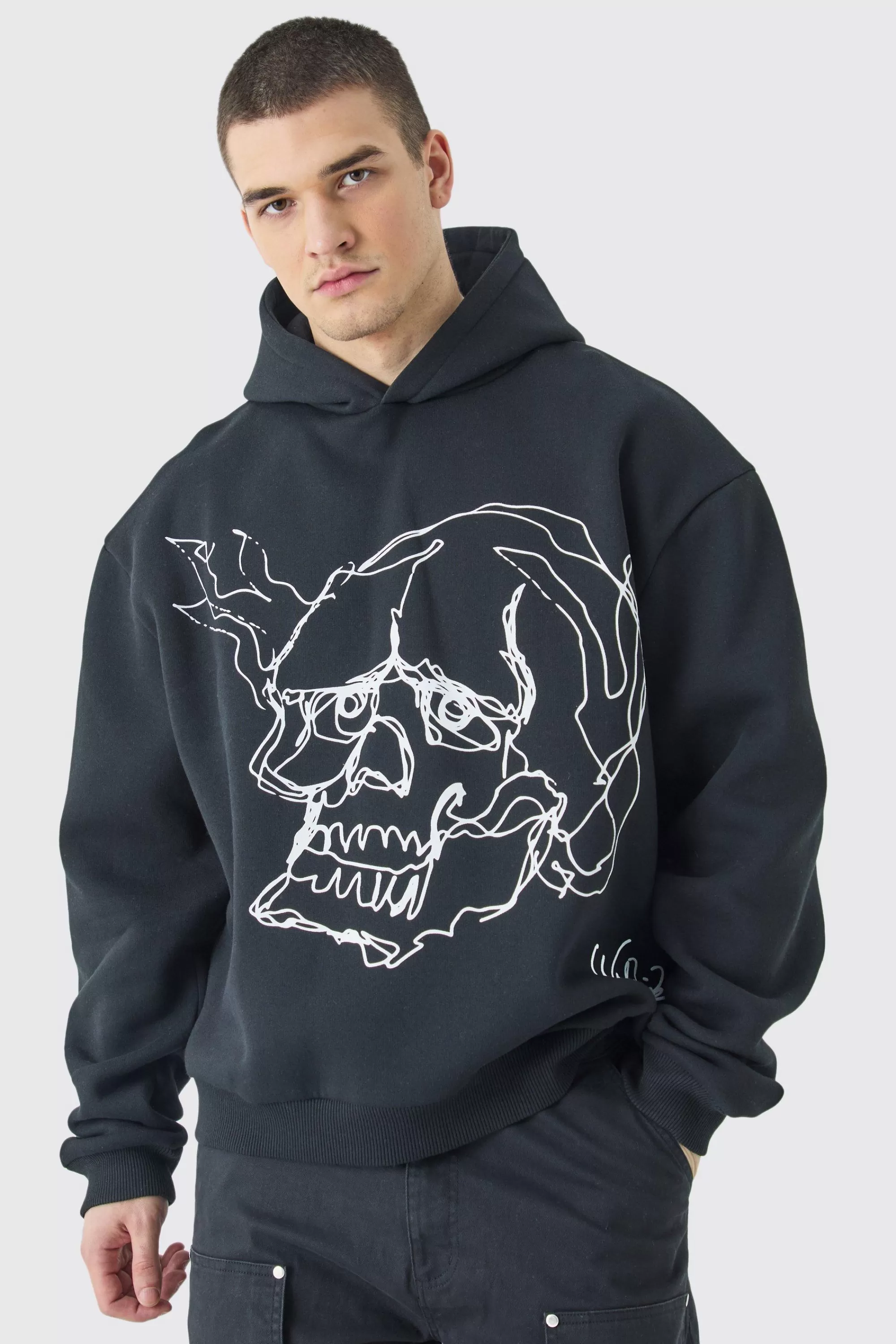boohooMAN Tall Oversized Boxy Skull Line Drawing Hoodie | UK