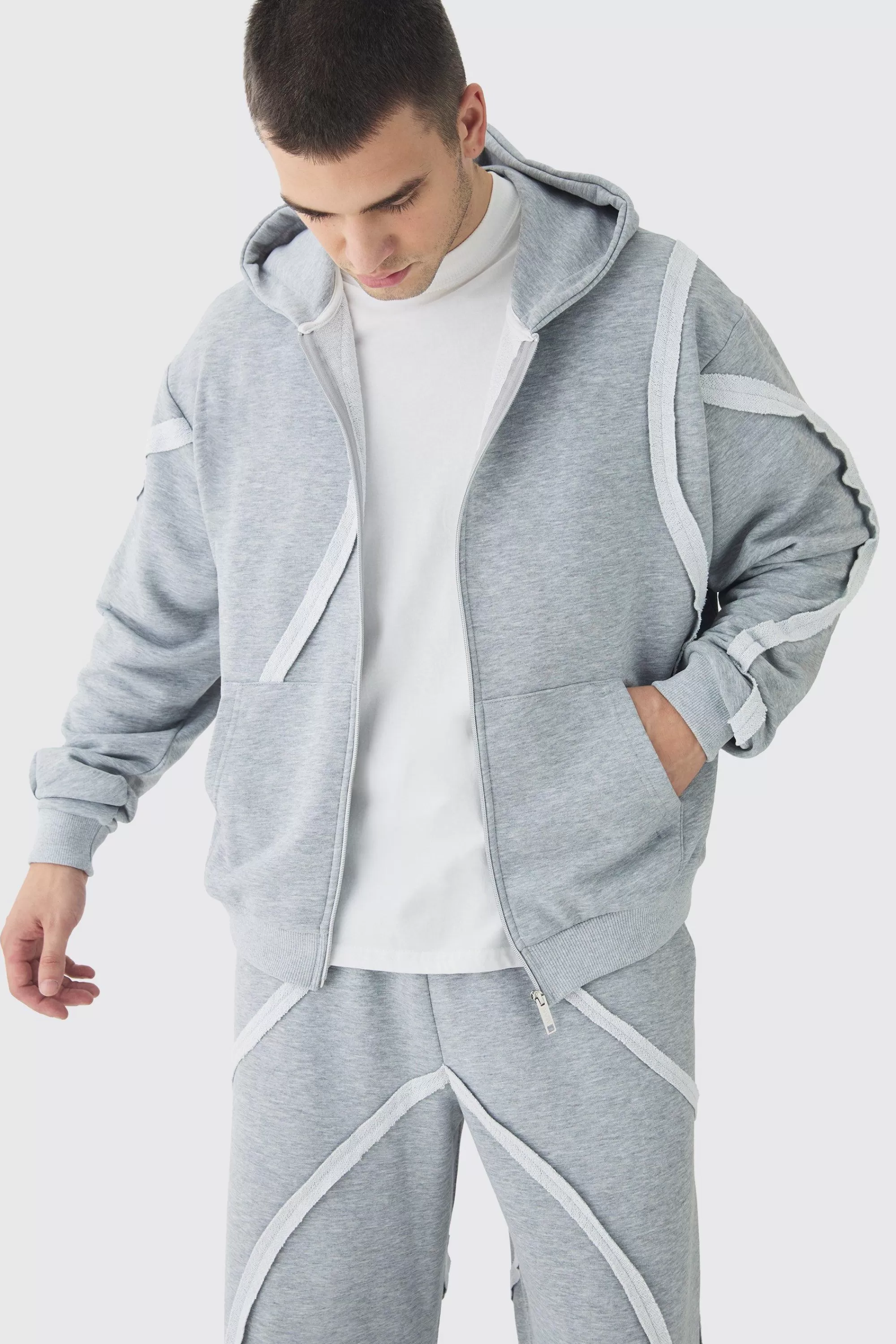 boohooMAN Tall Oversized Boxy Zip Panel Wide Jogger Tracksuit | UK