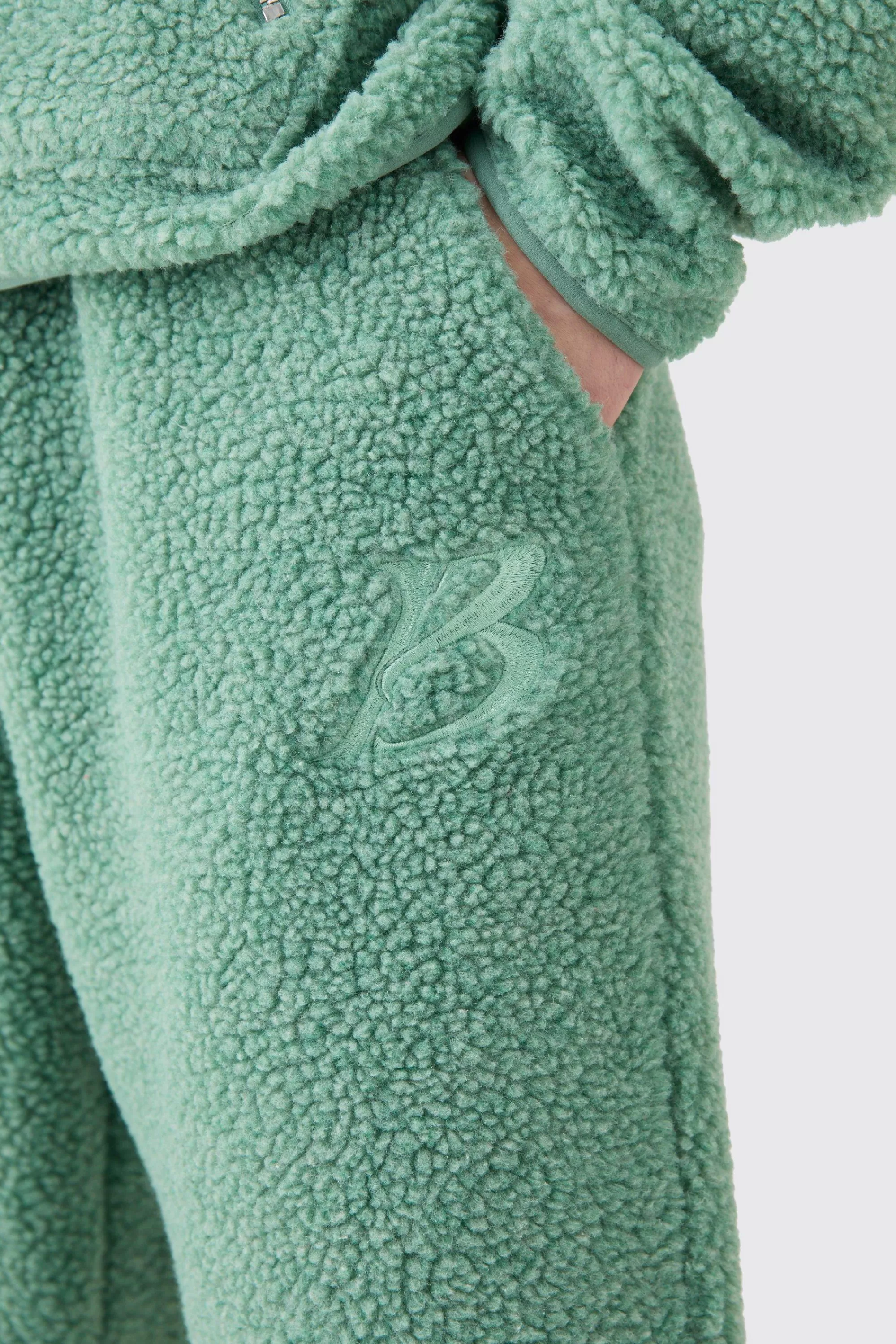 boohooMAN Tall Oversized Boxy Zip Through Borg Embroidered Hooded Tracksuit | UK