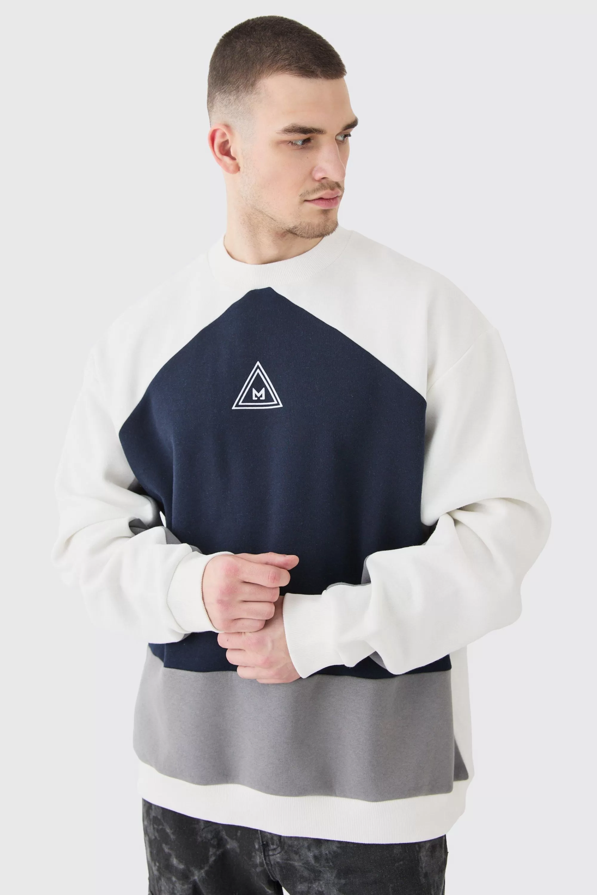 boohooMAN Tall Oversized Colour Block Branded Sweatshirt In | UK