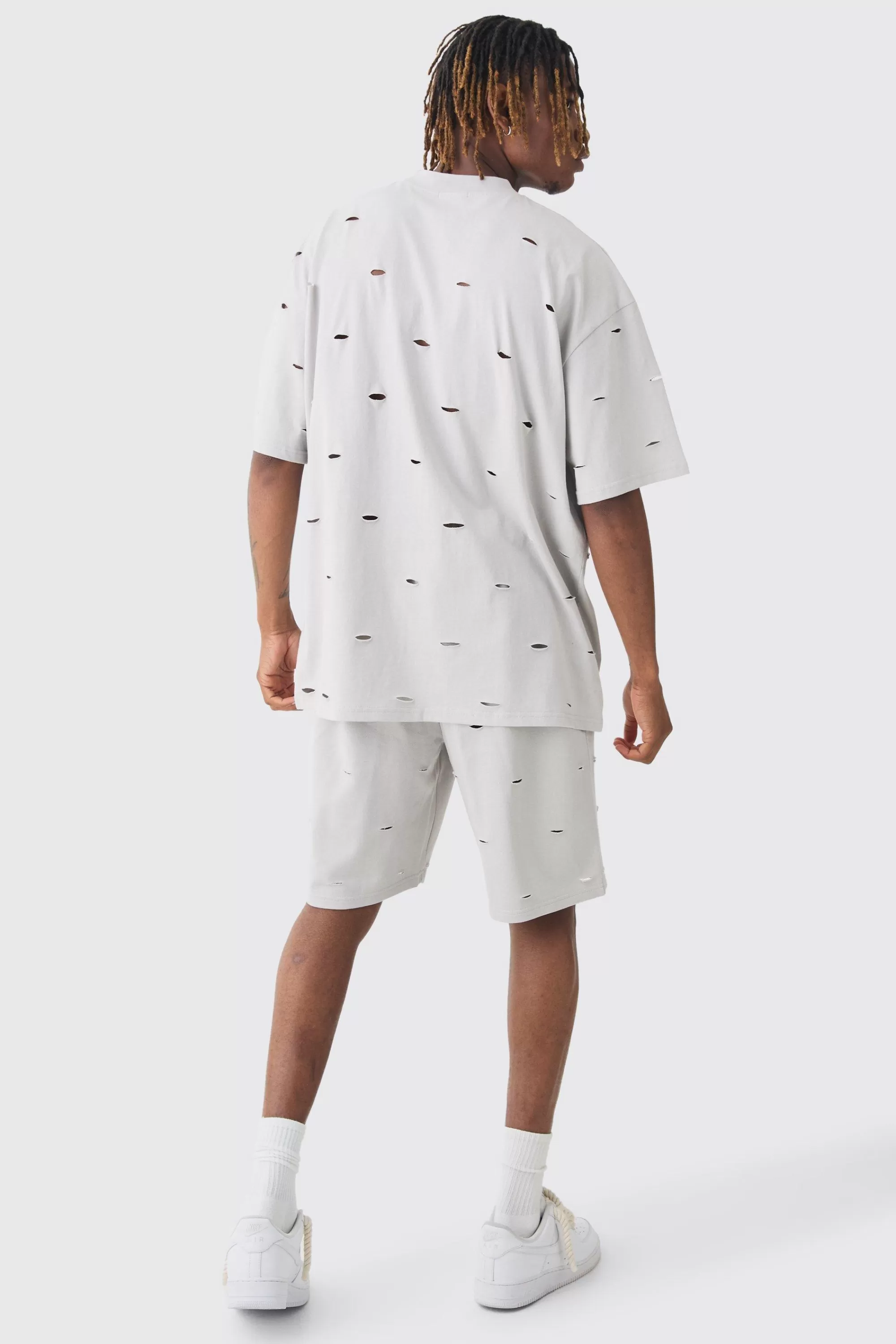 boohooMAN Tall Oversized Distressed Overdye T-shirt & Short Set | UK