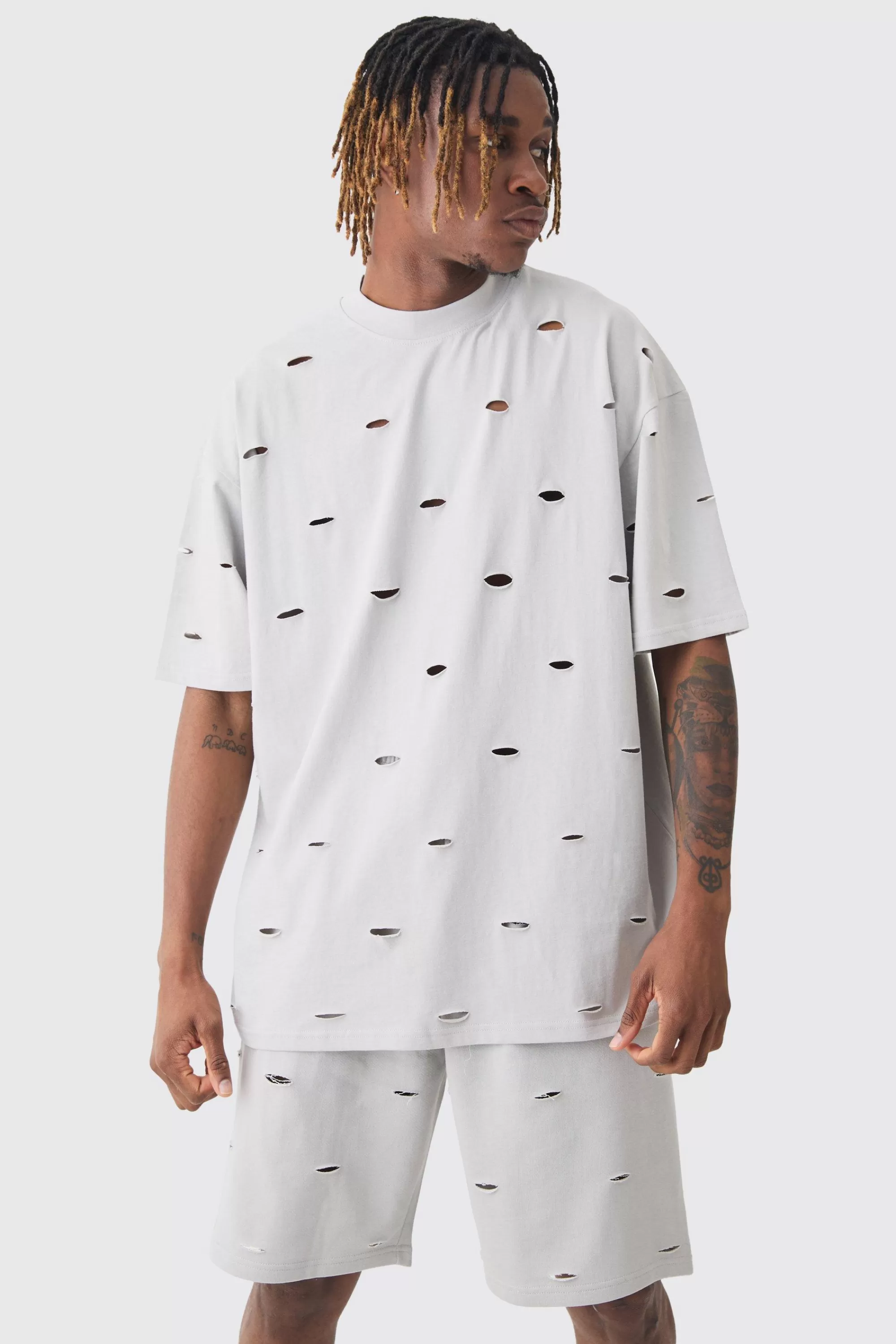boohooMAN Tall Oversized Distressed Overdye T-shirt & Short Set | UK