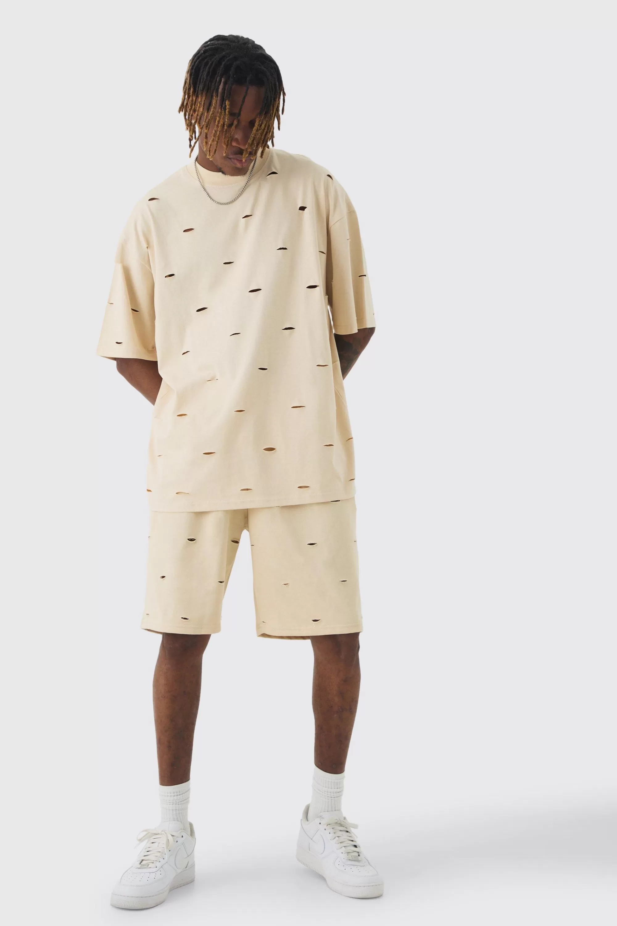 boohooMAN Tall Oversized Distressed Overydye T-shirt & Short Set | UK