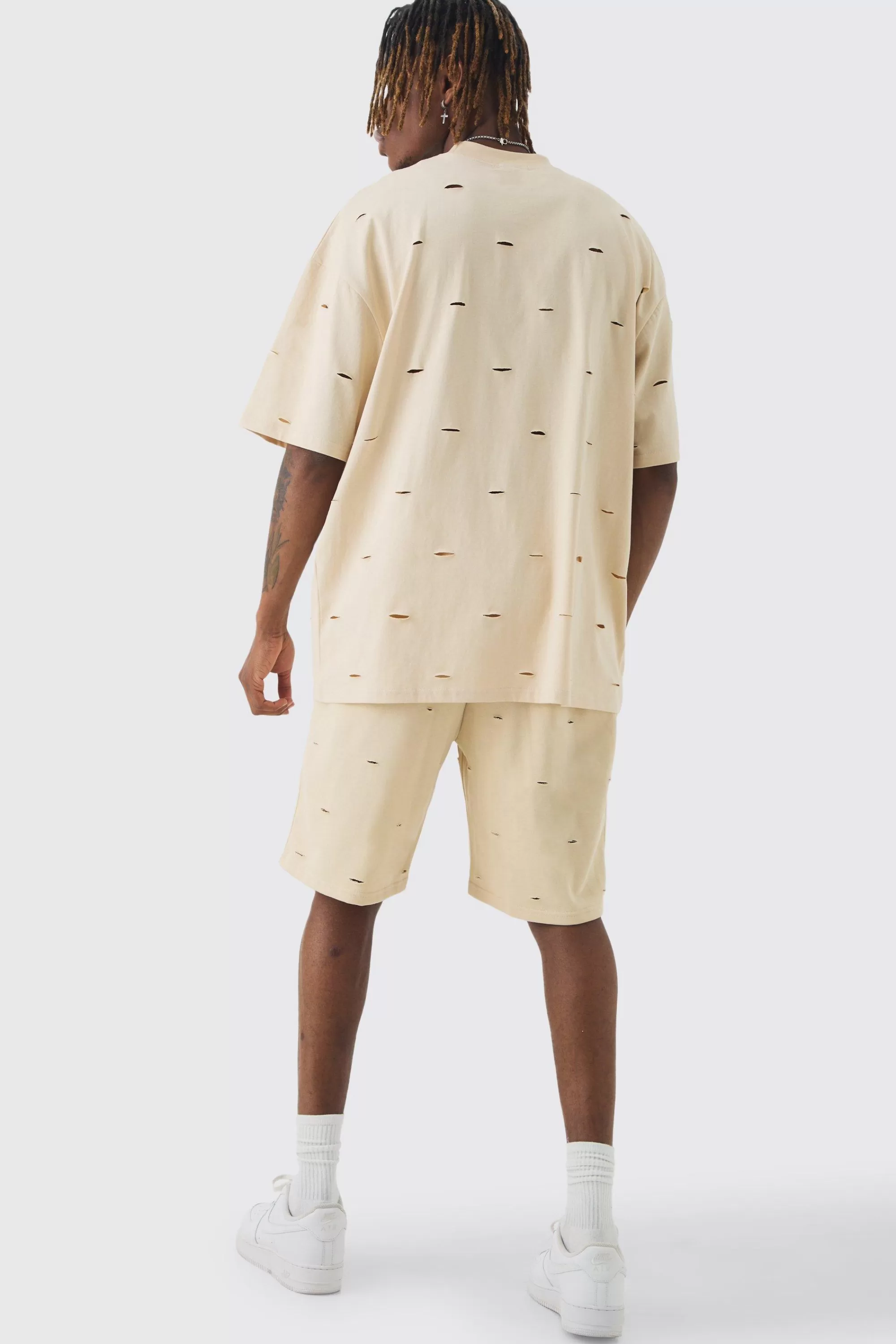 boohooMAN Tall Oversized Distressed Overydye T-shirt & Short Set | UK