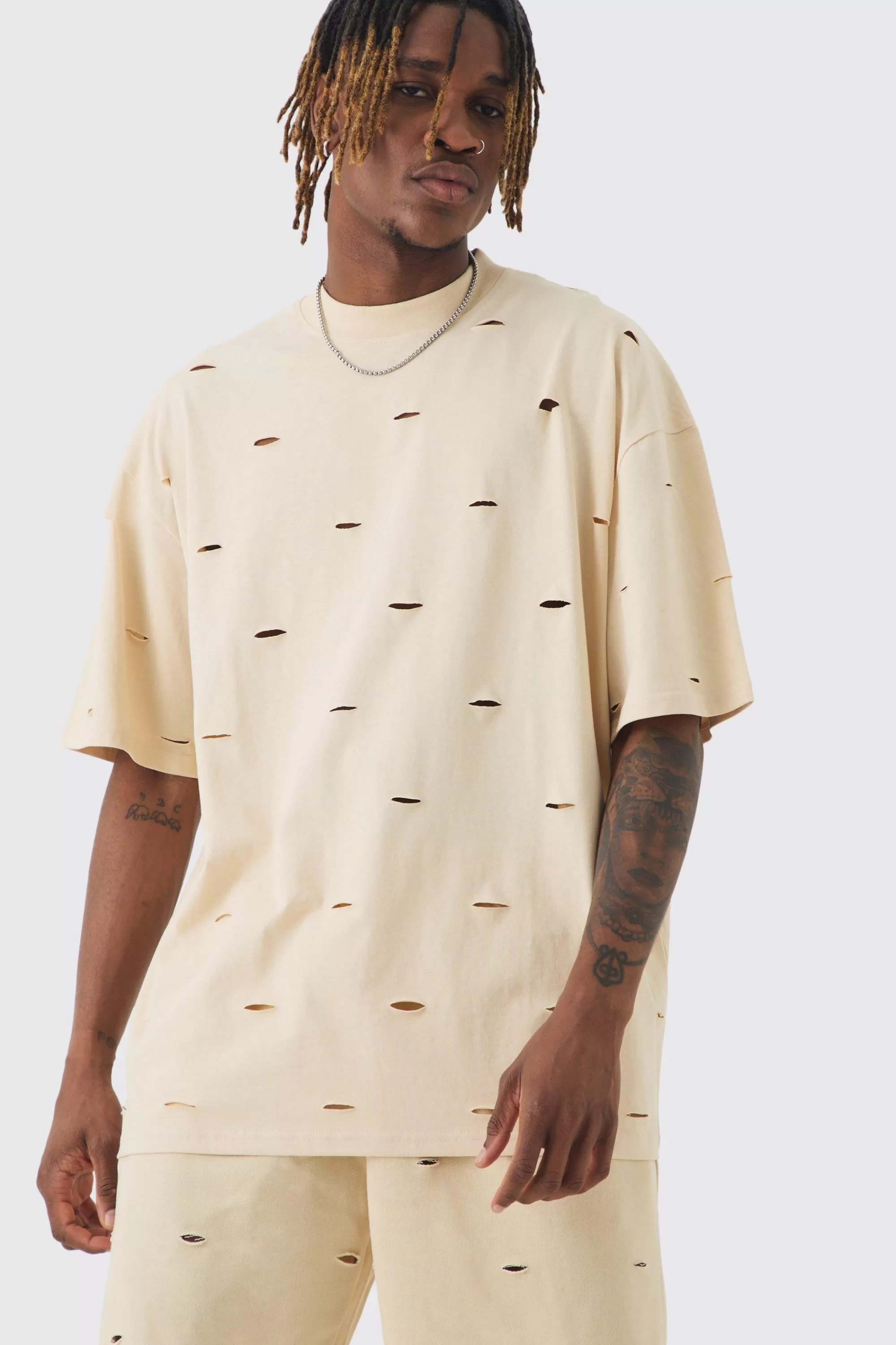 boohooMAN Tall Oversized Distressed Overydye T-shirt & Short Set | UK