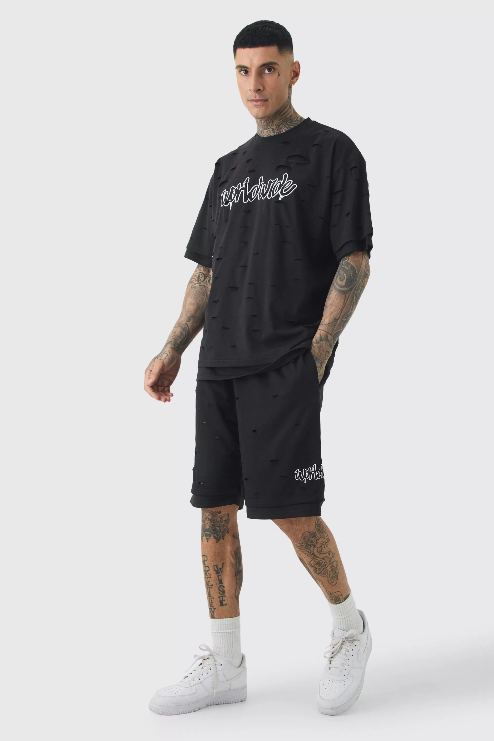 boohooMAN Tall Oversized Double Layer Homme T-shirt & Short Set | UK