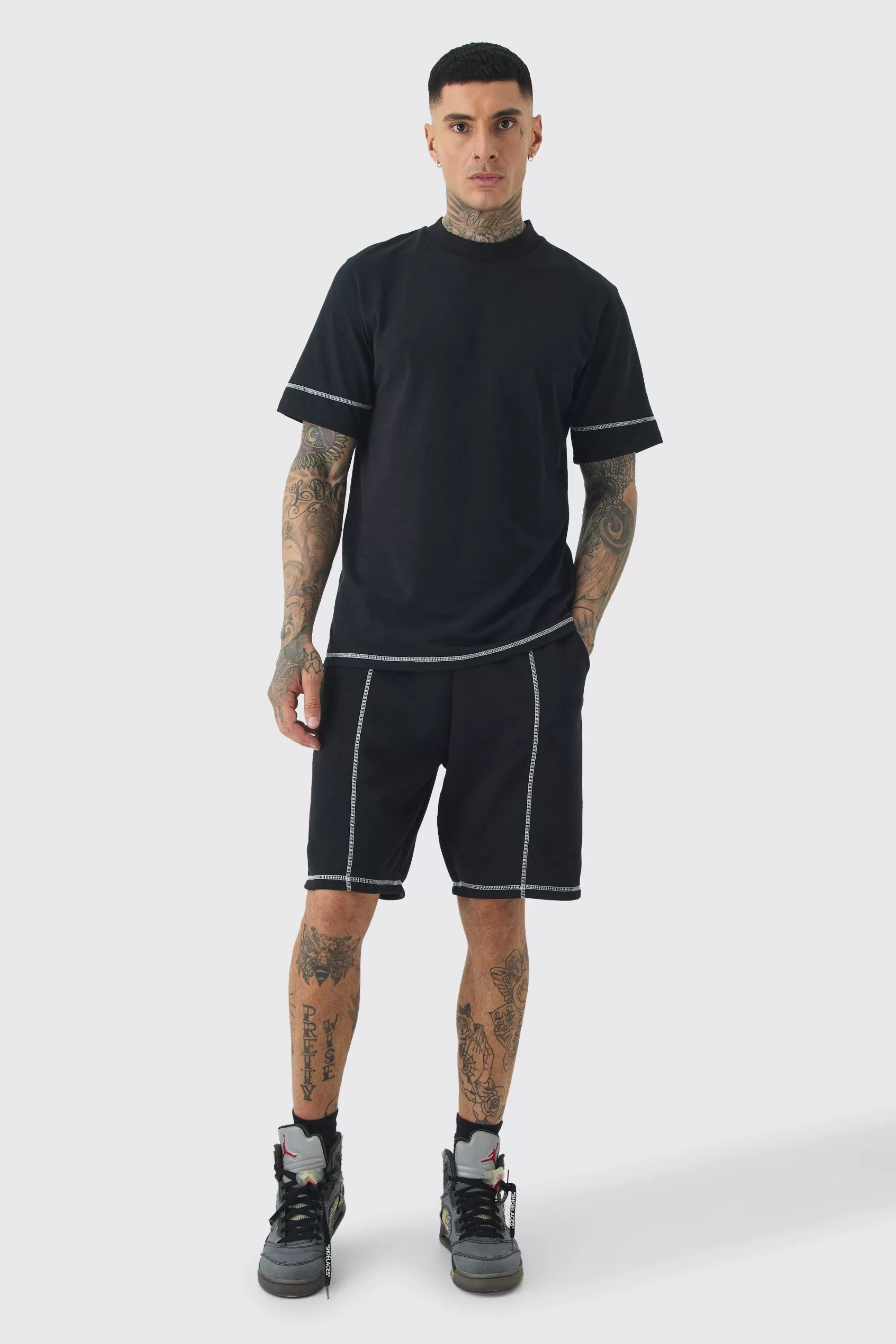 boohooMAN Tall Oversized Extended Contrast Sticth T-shirt & Short Set | UK