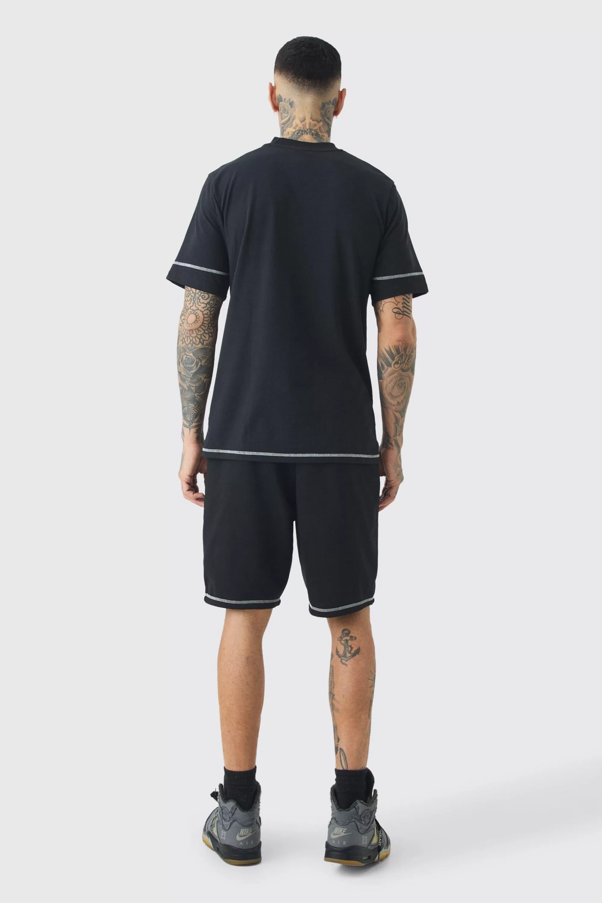 boohooMAN Tall Oversized Extended Contrast Sticth T-shirt & Short Set | UK