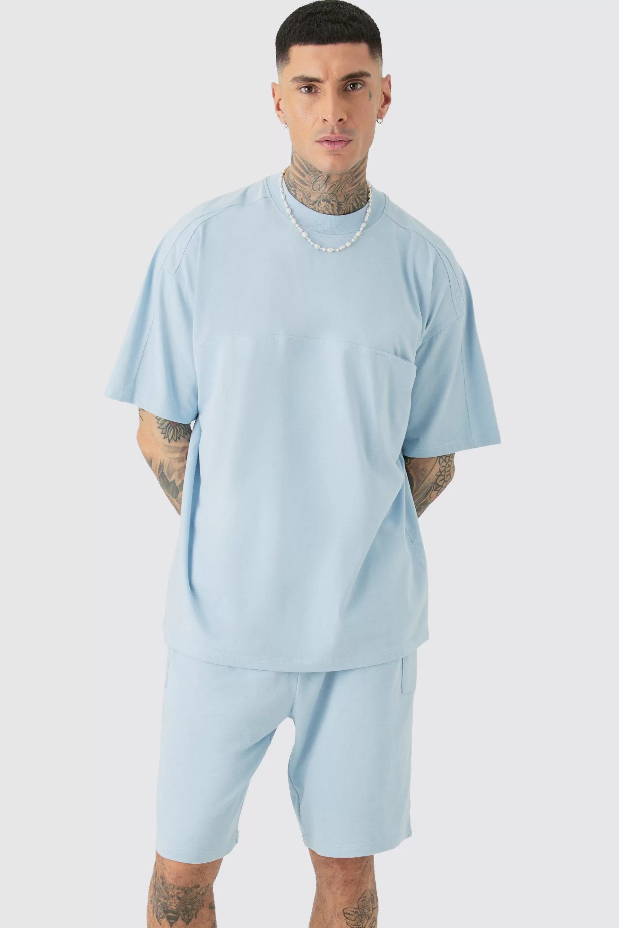boohooMAN Tall Oversized Extended Neck Panel T-shirt & Cargo Short Set | UK